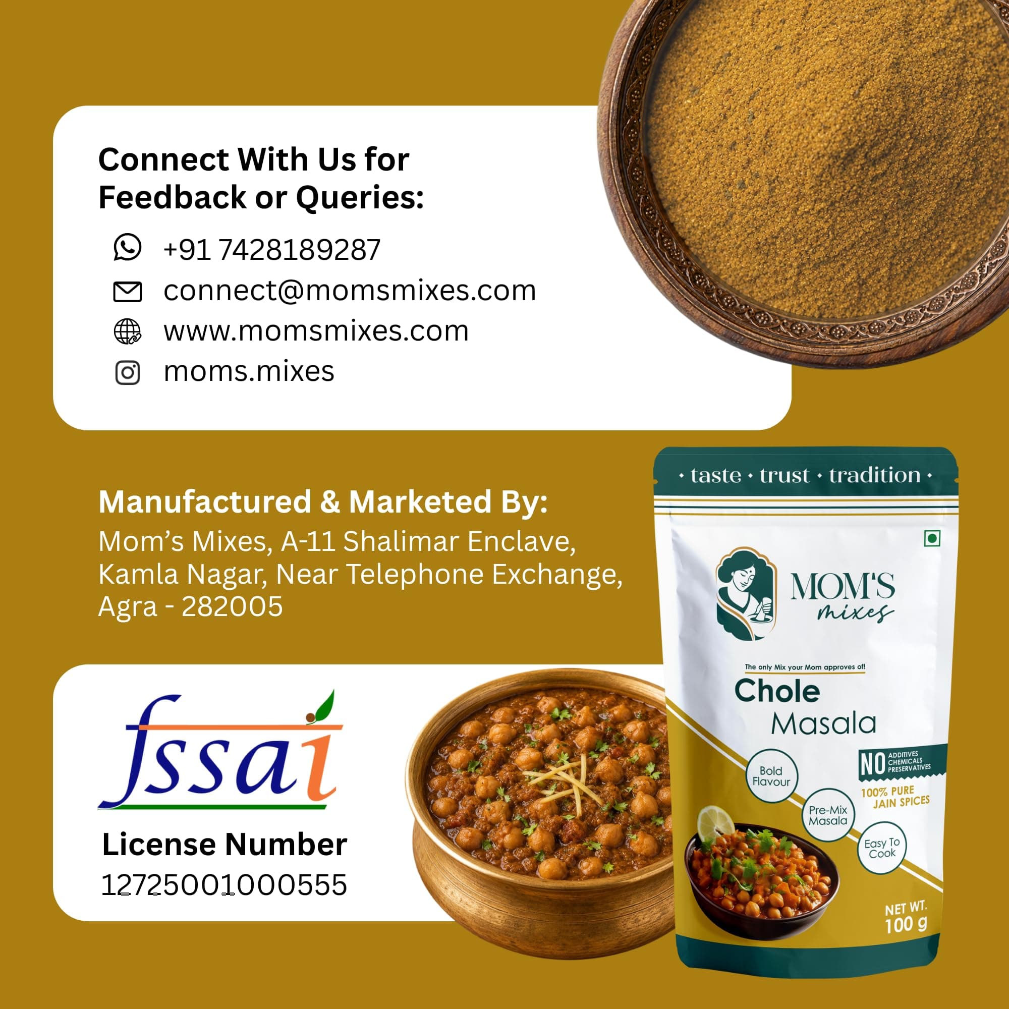 Mom’s Mixes Chole Masala (Chole Masala Powder) | Pre-Mix Masala | No Onion No Garlic (Jain Friendly) | Authentic Punjabi Taste | No Preservatives | 100g — image 11