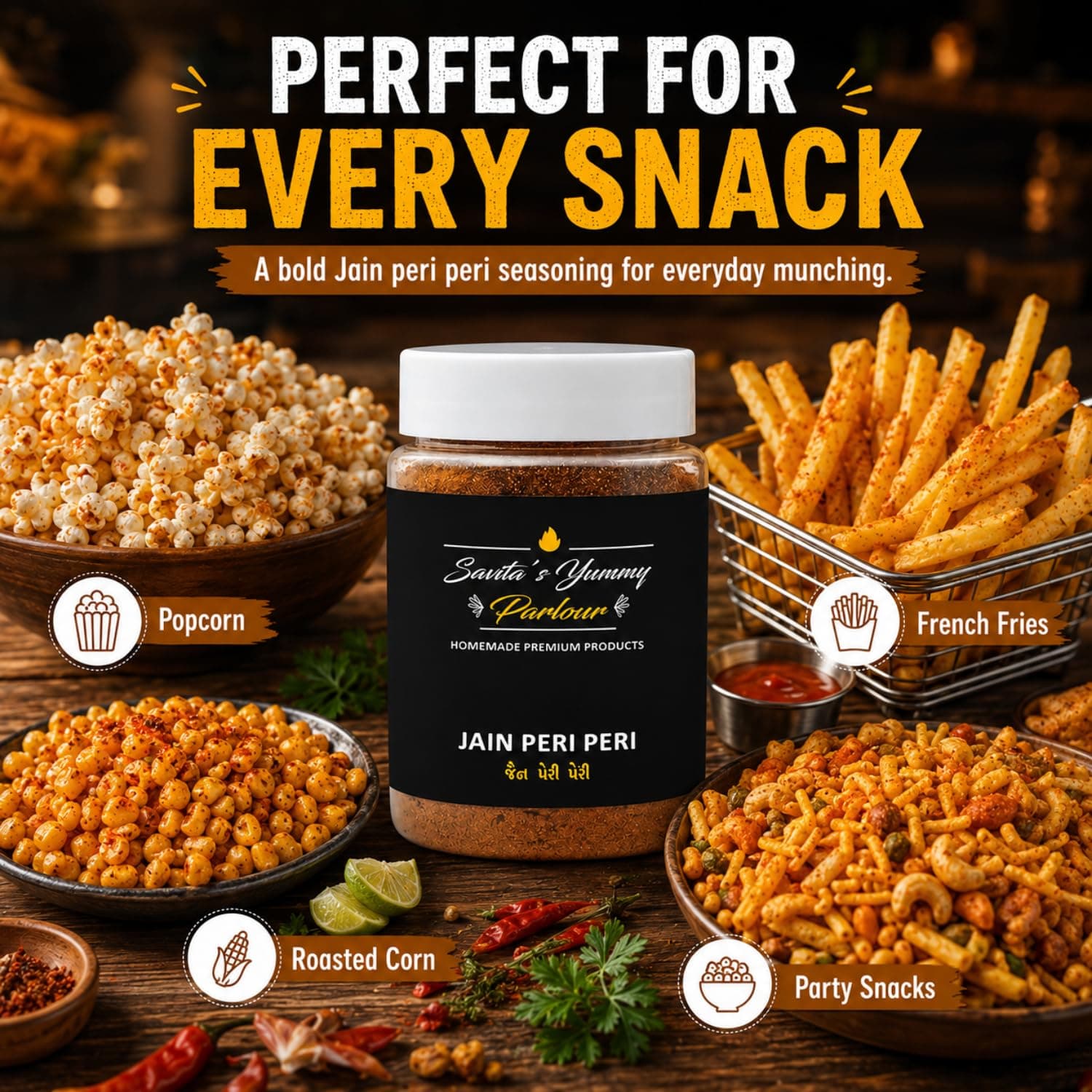 Savita’s Yummy Parlour Jain Peri Peri Masala – 100g | Homemade Premium Spice Blend | Zesty & Spicy Seasoning for Popcorn, Fries & Snacks — image 3