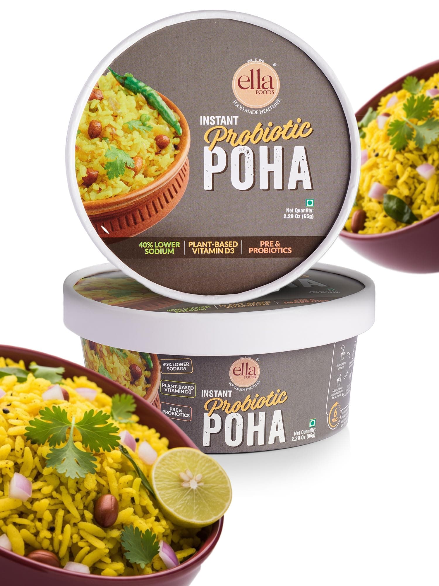 Ella Foods Probiotic Instant Poha Ready To Eat | 40% Less Sodium | Flavorful Rice Flakes, Peanuts, Mustard Seeds, Curry Leaves & Green Chilies | No Preservatives Pack of 2 (65g Each) | Instant Food — image 2
