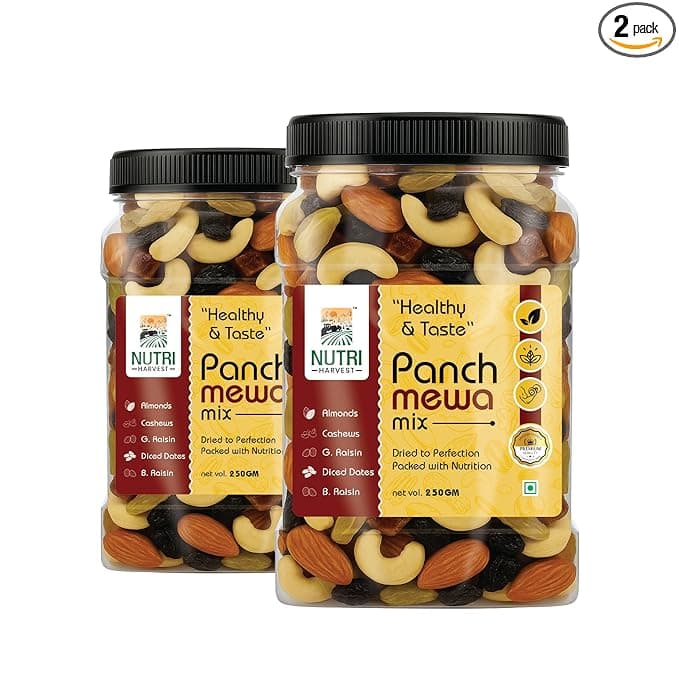 NUTRI HARVEST Premium Dry Fruits Mix pack (Panch Mewa Mix) , Natural Blend of Almonds, Cashews, Black and green Raisins and diced Dates| Fit for Fasting 2*250 (500gram)| (Re-sealable pack for freshness)
