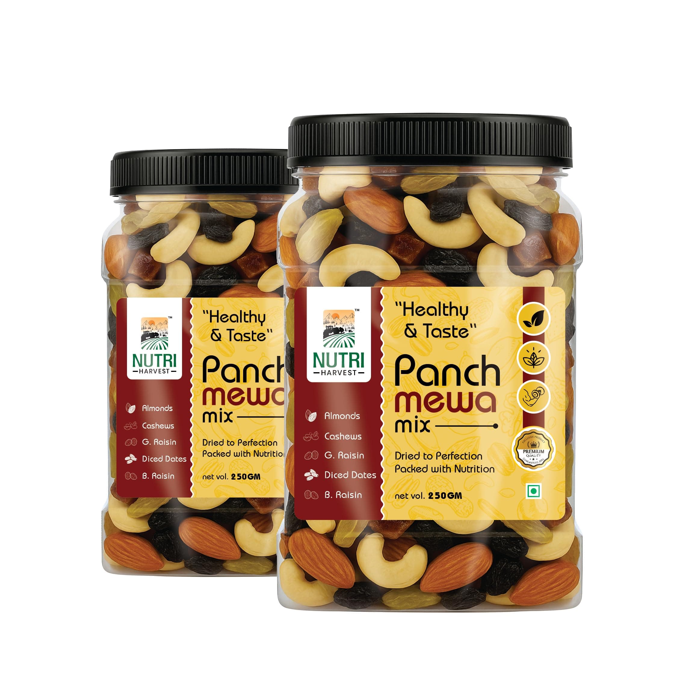 NUTRI HARVEST Premium Dry Fruits Mix pack (Panch Mewa Mix) , Natural Blend of Almonds, Cashews, Black and green Raisins and diced Dates| Fit for Fasting 2*250 (500gram)| (Re-sealable pack for freshness) — image 2