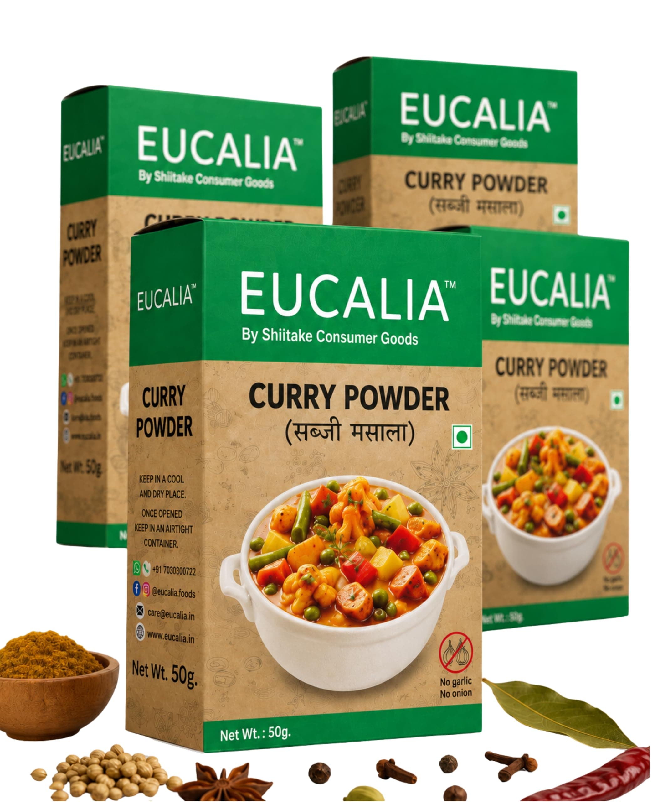 EUCALIA Sattvik (No Onion - No Garlic) Curry Powder (Sabji Masala) Pack of 4 (50g) | Bold & Aromatic Spice Blend | Rich Colour | No Added Colours or Preservatives | Perfect for Vegetarian Dishes & Everyday Cooking | Sattvik No Onion No Garlic (NONG) | Total 200g — image 2