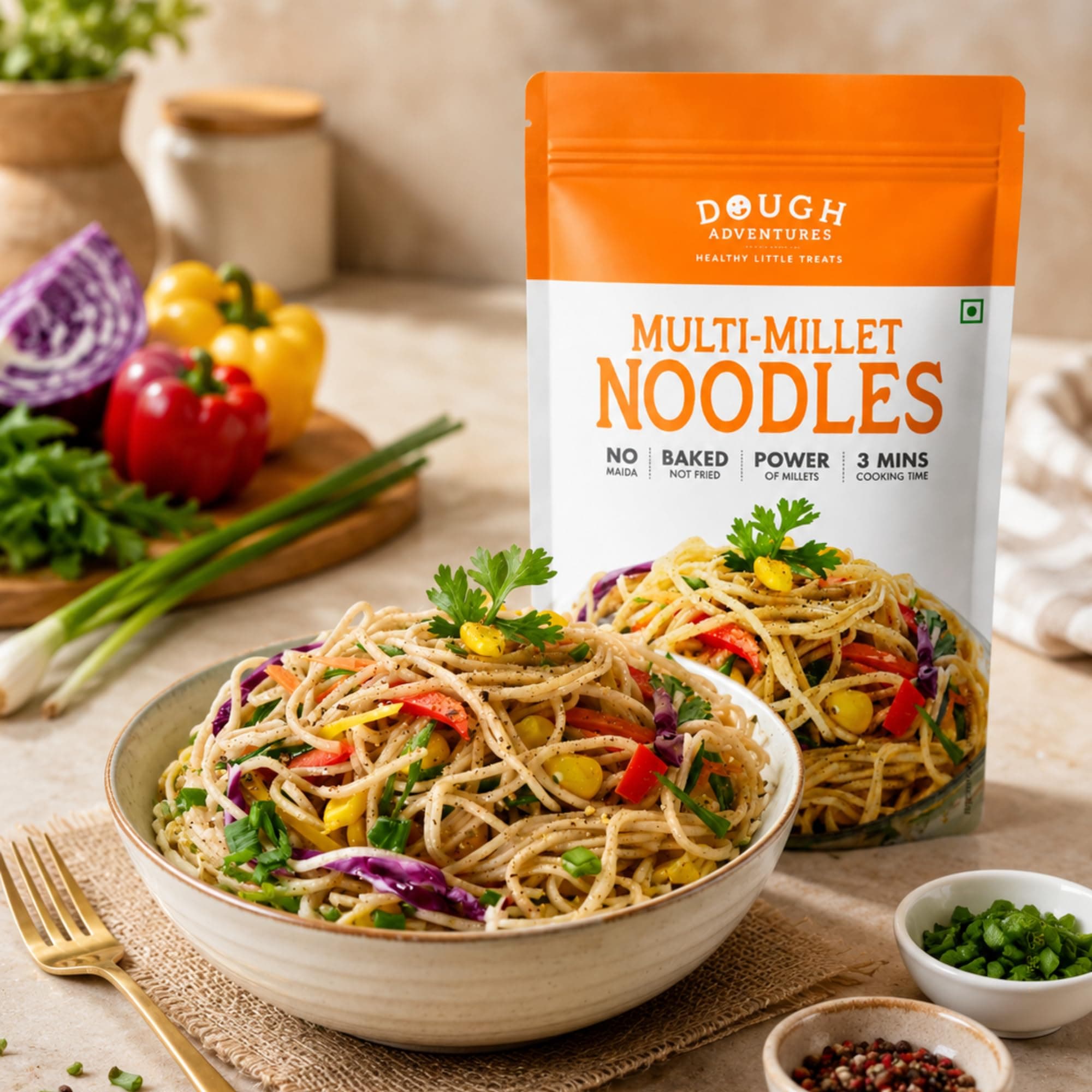 Masala Millet Hakka Noodles – Dough Adventures Multi Millet Noodle 300g (150g x 2) Combo Pack | High Protein, No Maida, No Palm Oil | Made with Millets & Whole Wheat | Quick-to-Cook Healthy Snack for Kids & Adults (Pack of 2) — image 4