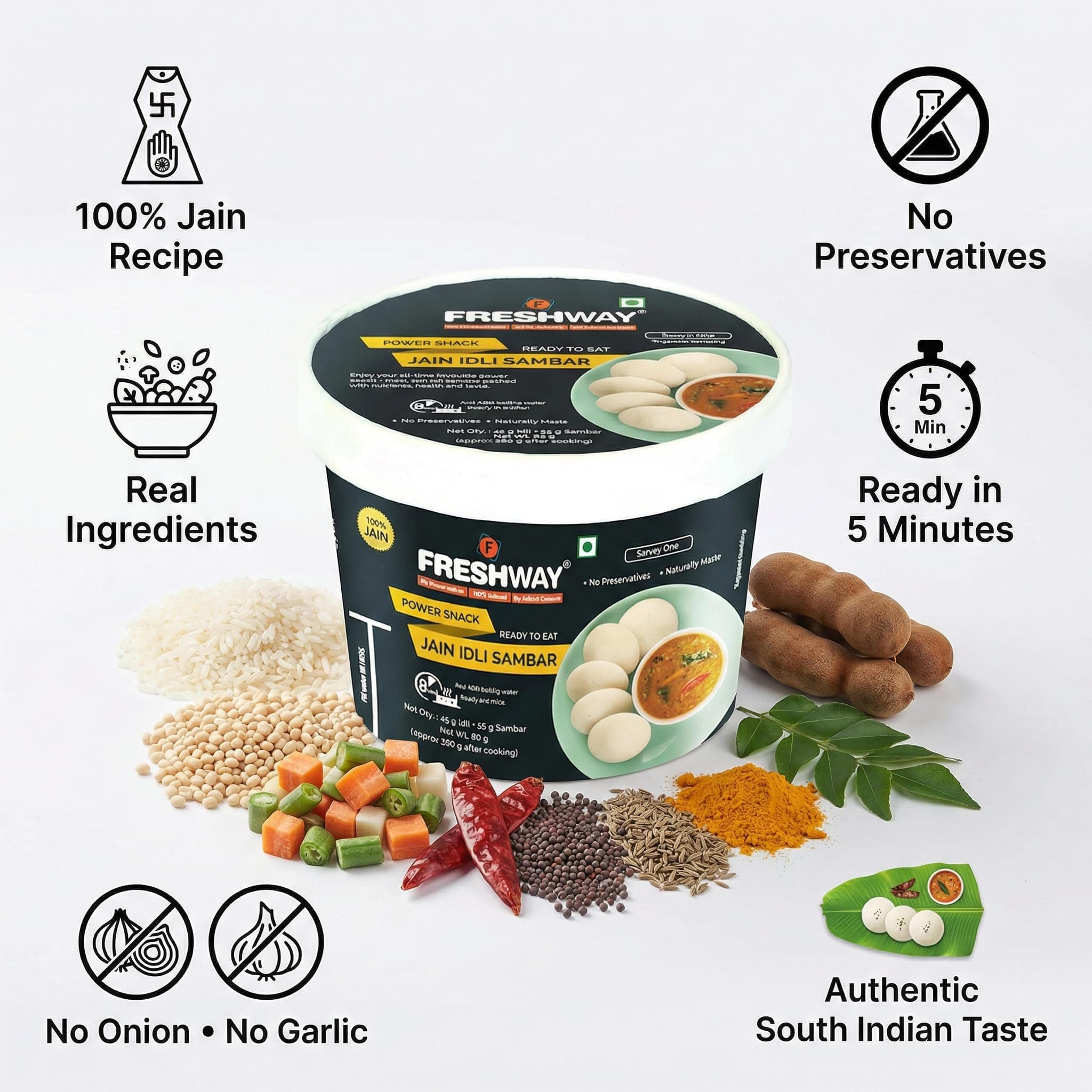 Freshway Ready-to-Eat Jain Idli Sambar Pack of 6 | Nutritious & Convenient Power Snack | 100% Jain Recipe | No Preservatives | Healthy Instant South Indian Meal — image 3
