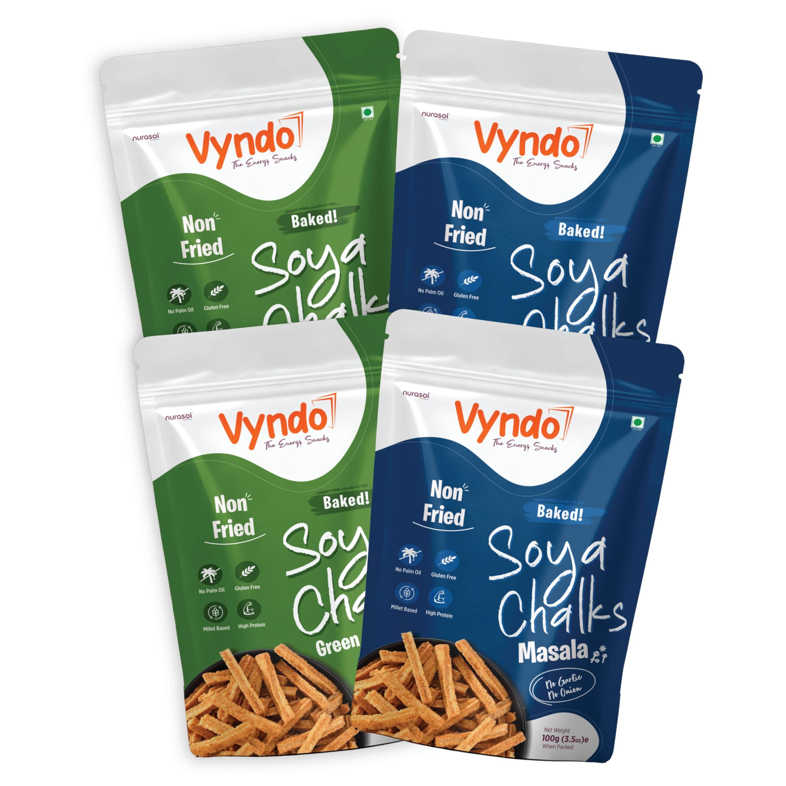 Vyndo No Garlic, No Onion Soya Chalks (Soya Sticks) Combo – 4 x 100g (Masala Pack 2 + Green Chutney Pack 2) | Millet-Based, Gluten-Free Healthy Energy Snacks for Kids & Adults.