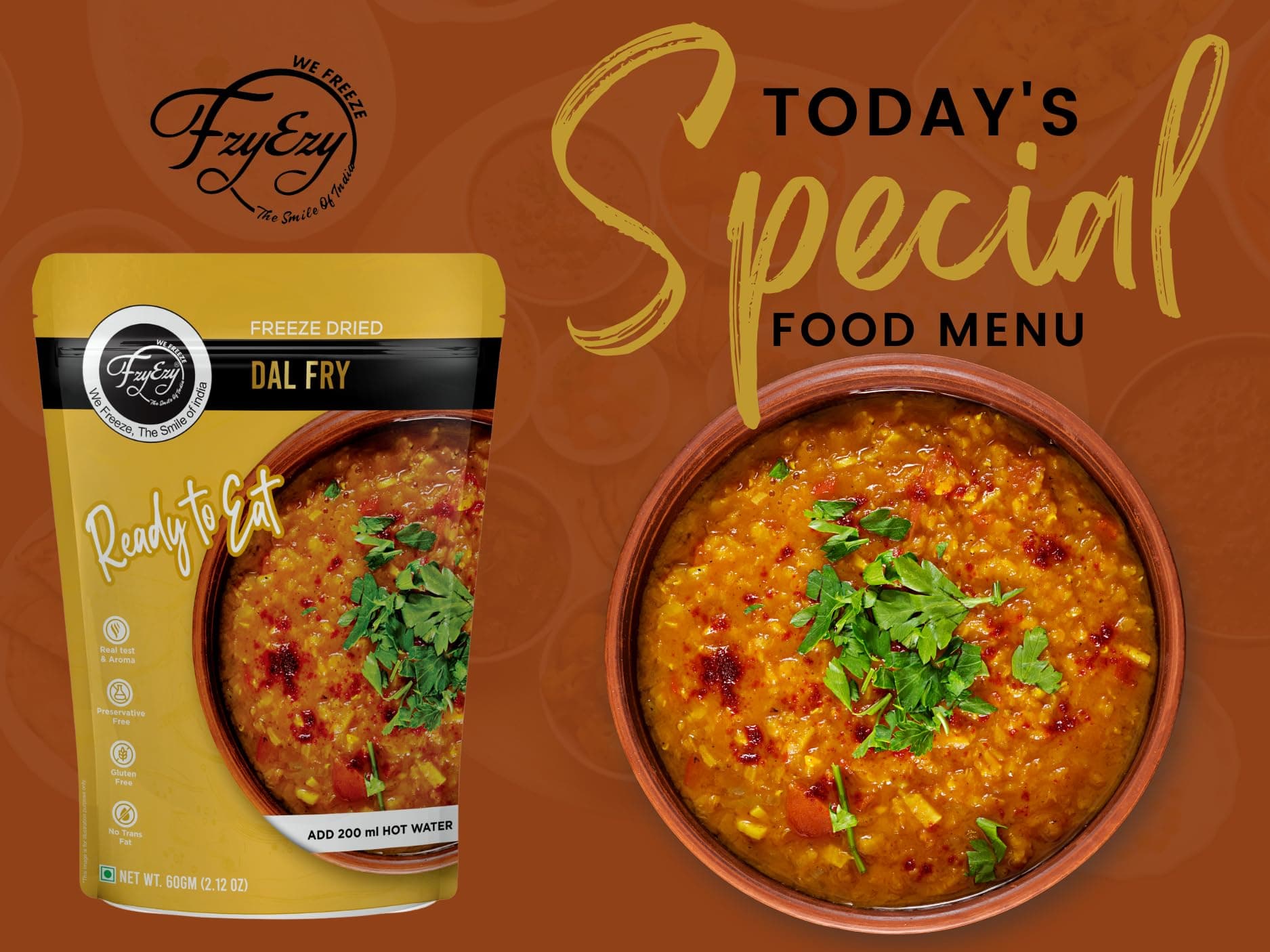 Jain Dal Fry | Freeze-Dried | 100% Natural Ready to Eat Meal | Authentic Indian Taste | Preservative-Free, Gluten-Free & No Trans Fat | Instant Meal – Add 200ml Hot Water | 60gm Pack — image 4