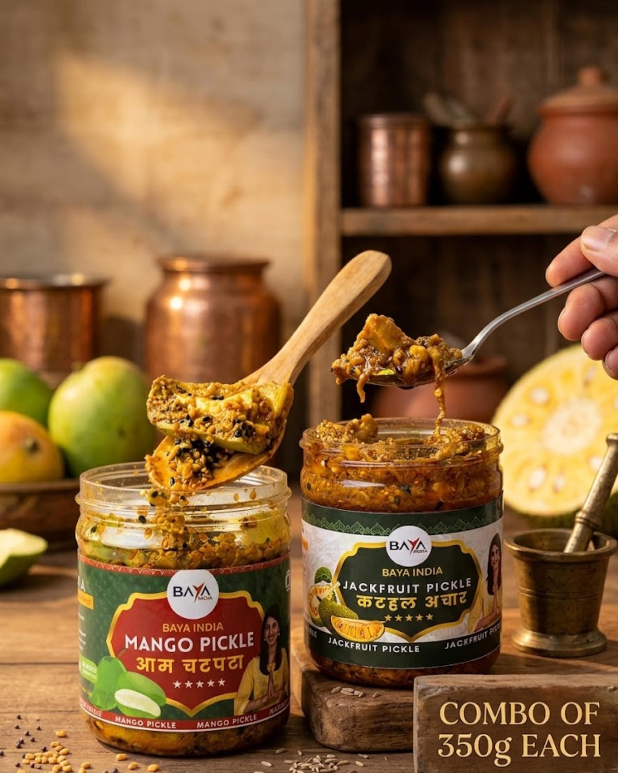 Baya India Mango & Jackfruit Pickle Combo | Homemade Aam aur Kathal ka Achar | Tangy & Flavorful Pickle | Made with Mustard Oil | No Added Preservatives | No Garlic No Onion | 350g each — image 4