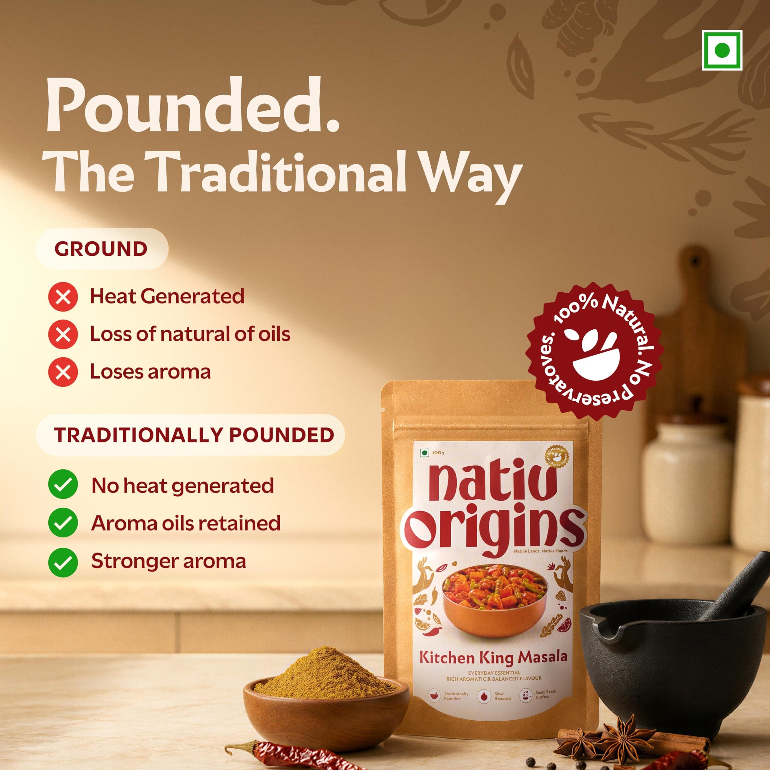 NativOrigins Kitchen King Masala Powder | Slow-Roasted & Traditionally Pounded | 21 Whole Spices | For Sabzi, Paneer & Everyday Gravies | No Additives | 100g — image 5