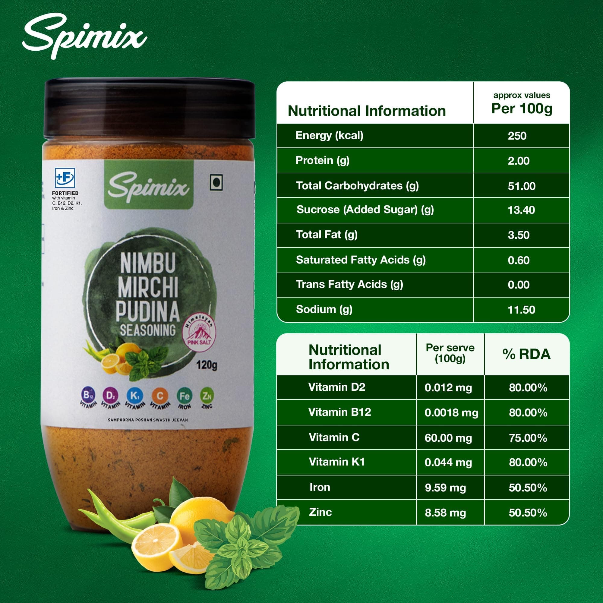 SPIMIX Nimbu Mirch Pudhina Seasoning | Tangy & Spicy Masala | 120g | Sprinkle on Chaat, Salads & Raita | For Grilled Fish, Lemon Chicken & Eggs | Himalayan Pink Salt | US FDA Approved — image 8