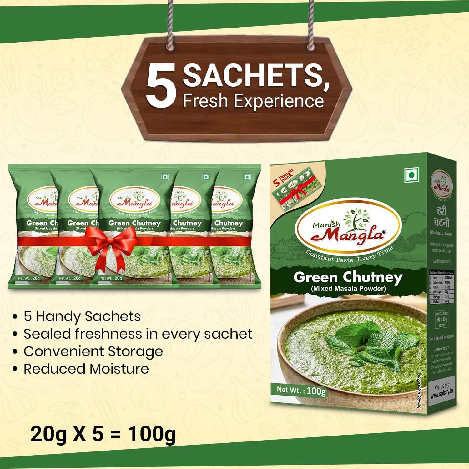 Manish Mangla Green Chutney Powder 100g | Instant Mint Coriander Chutney Mix | No Onion No Garlic | Fresh Hygienic Pack | Ready in 1 Minute — image 2