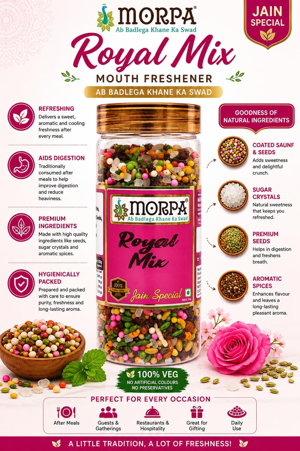Morpa Roya Mix Mukhwas Mouth Freshener Premium Jain Special Saunf Mix with Fennel Seeds, Sweet Coated Saunf and Traditional Ingredients After Meal Refreshment 200g Pack — image 2