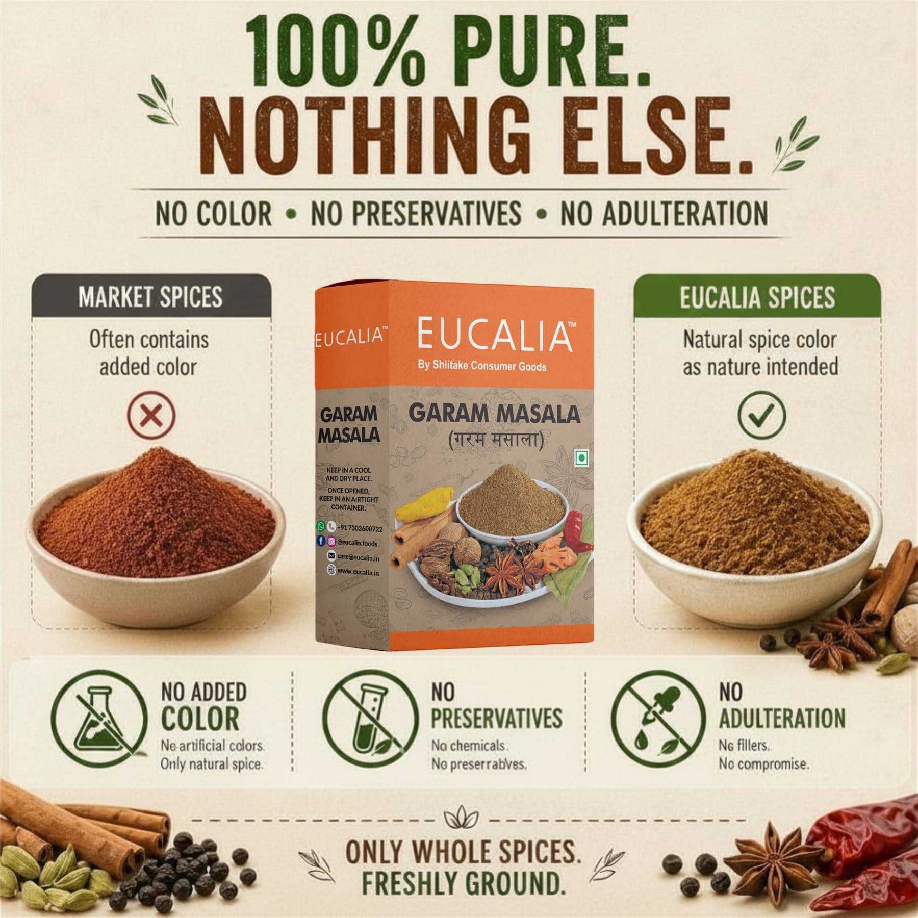 EUCALIA Garam Masala Pack of 3 (100g) | Aromatic Spice Blend for Curries, Rice & Gravies | Authentic Indian Taste | No Preservatives | Rich, Warm & Aromatic Flavour for Everyday Cooking | Sattvik No Onion No Garlic (NONG) | Total 300g — image 5