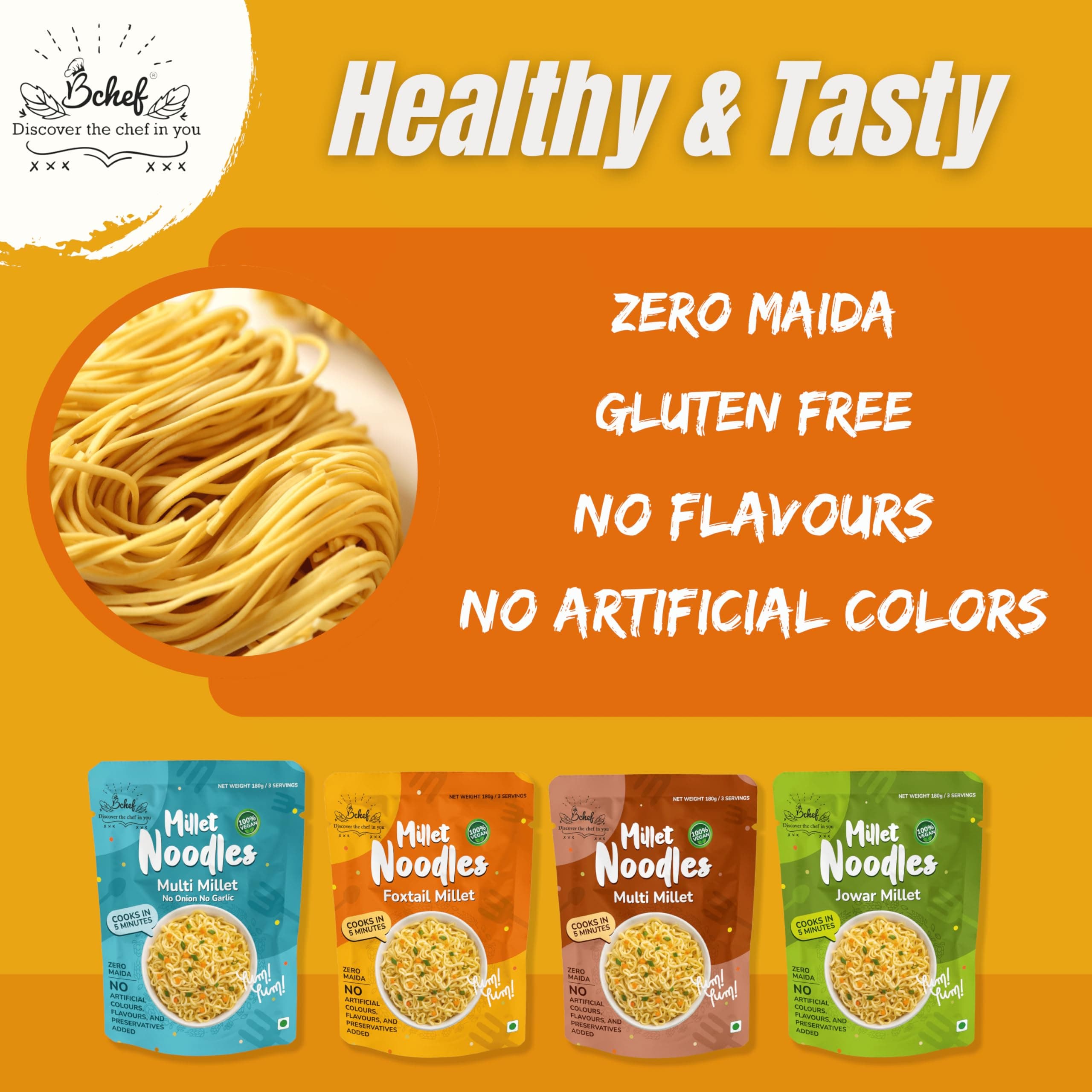 Bchef Jowar and Multi Millet Noodles | Zero Maida, No Artificial Colours, No Flavours & Preservative Added | 100% Vegan Noodles | Healthy Nutritional Food, (Combo Pack of 2,180g each) — image 6