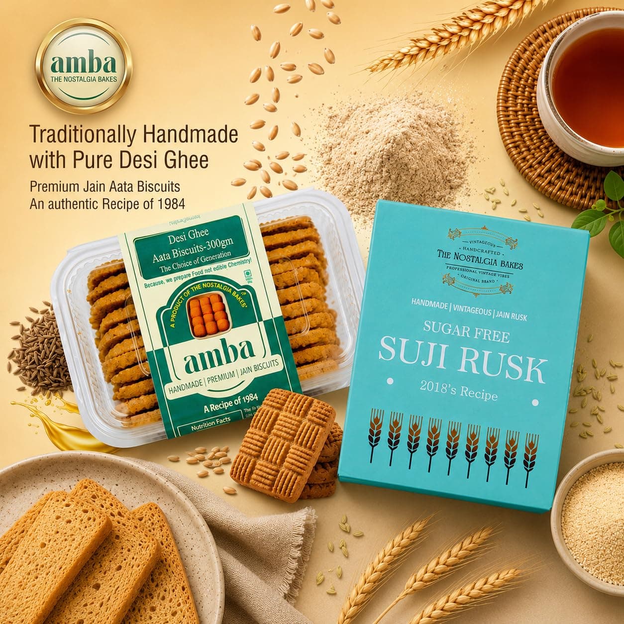 Amba Handmade Jain Biscuit & Sugar Free Suji Rusk Combo Pack | Traditional Desi Ghee Atta Biscuits & Crispy Tea-Time Toast | Premium Nostalgic Bakery Snacks — image 3