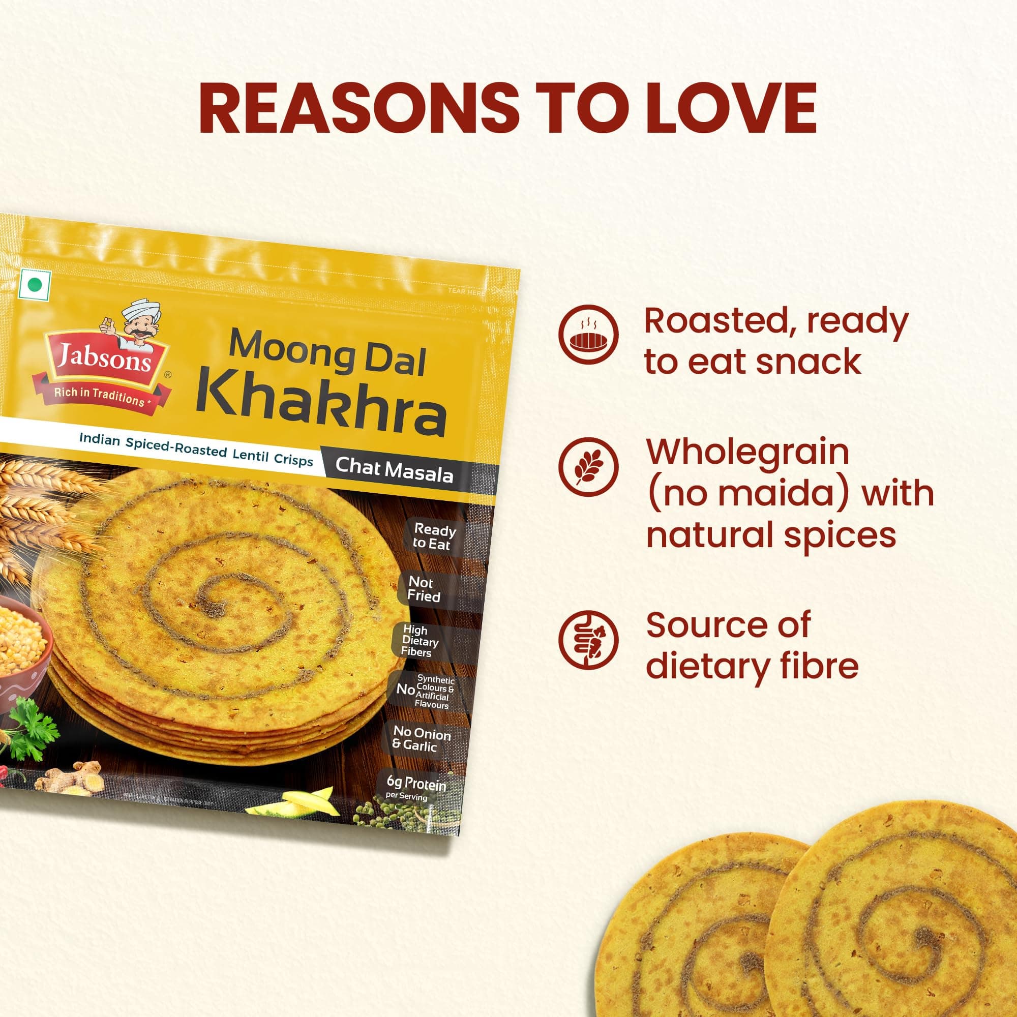 Jabsons Moong Dal Chat Masala Roasted Khakhra - 180gm | High-Protein & Fiber Rich Healthy Snack | Guilt Free Snacking | No Palm Oil | Ready to eat Snack — image 4