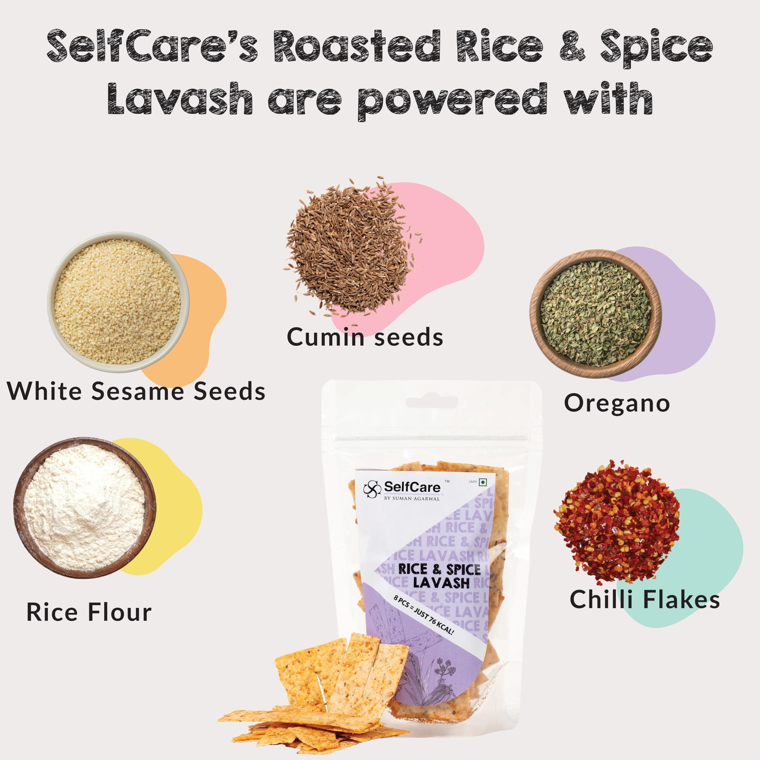 SelfCare By Suman Agarwal Roasted Rice & Spice Lavash - 100g (Pack of 1) | Healthy-Snacks-Namkeen-Grocery | Crispy - Tea time - Eat with Dip | Jain & Travel Friendly - Vegan | No Added Preservatives — image 2