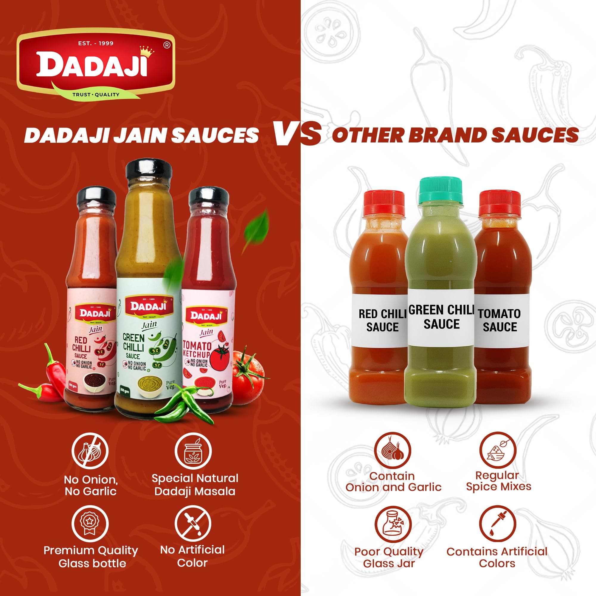 Dadaji Trio JAIN Sauce Combo | Jain Green Chilli, Jain Tomato Ketchup, Jain Red Chilli Sauce | No Onion & Garlic | Bold Asian Flavours | Spicy, Tangy & Tasty | Clear Ingredients | No MSG or Trans Fats | 200gm each — image 3