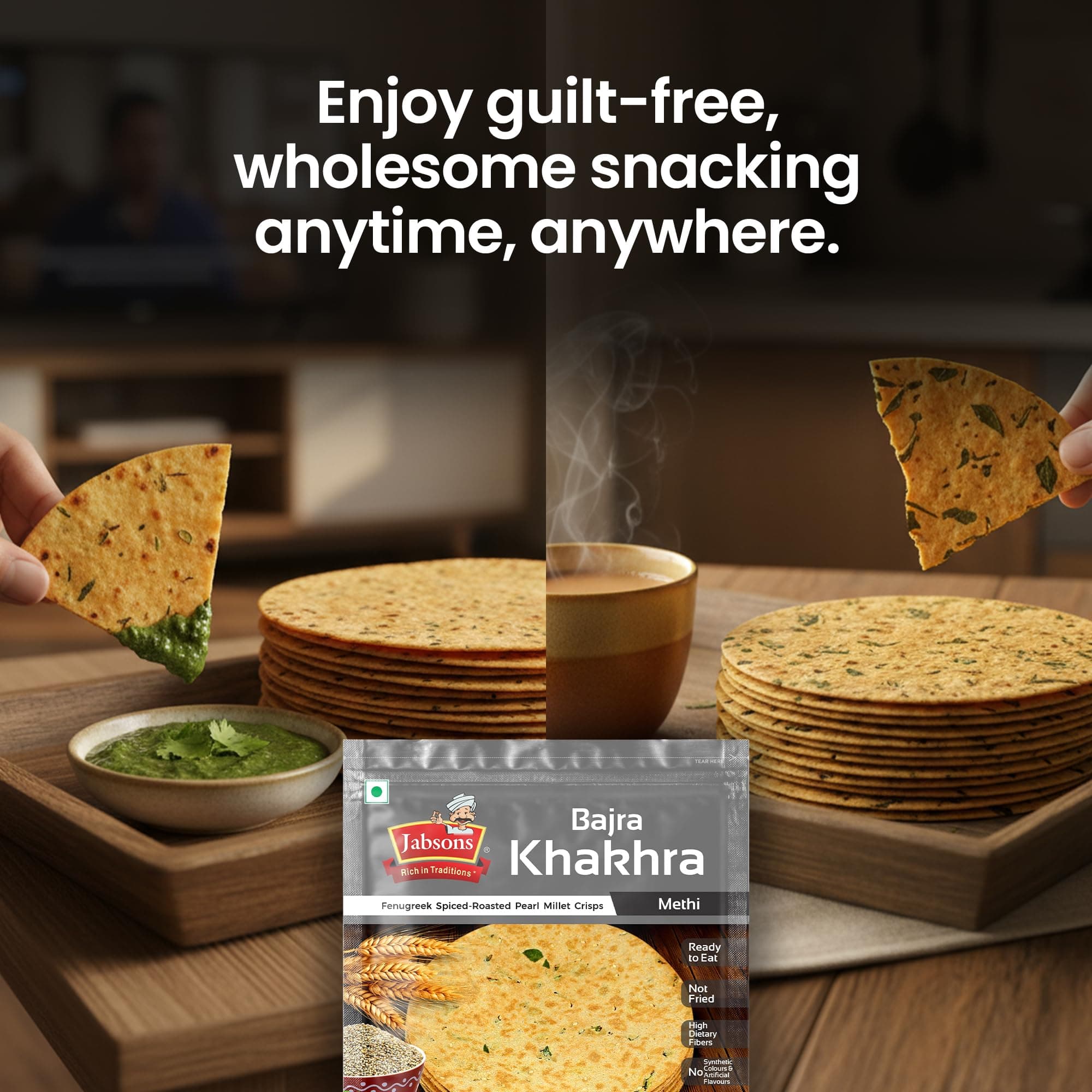 Jabsons Roasted Bajra Methi Khakhra,180 gm | No Onion No Garlic| Ready To Eat Vacuum Sealed | Crispy Bajra Methi Flatbread | Healthy Indian Tea Time Snack | Diet-Friendly Gujarati Khakhra — image 8