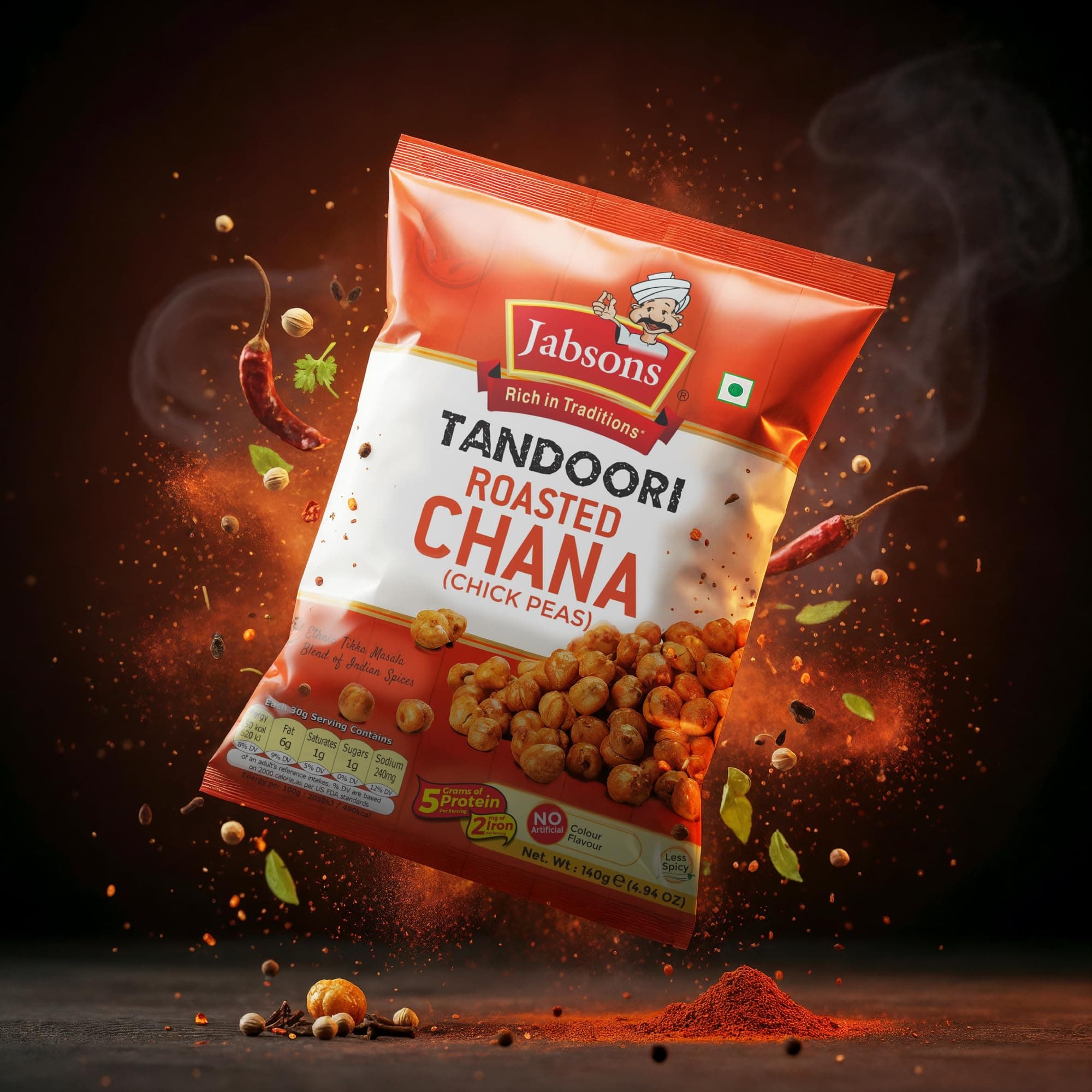 Jabsons Roasted Chana Tandoori Flavour - 140gm With No Onion & Garlic | Desi Roasted Namkeen Snacks| Gluten-Free Crunchy Protein Snack | Tandoori Bhuna Chana - Ready to Eat — image 6
