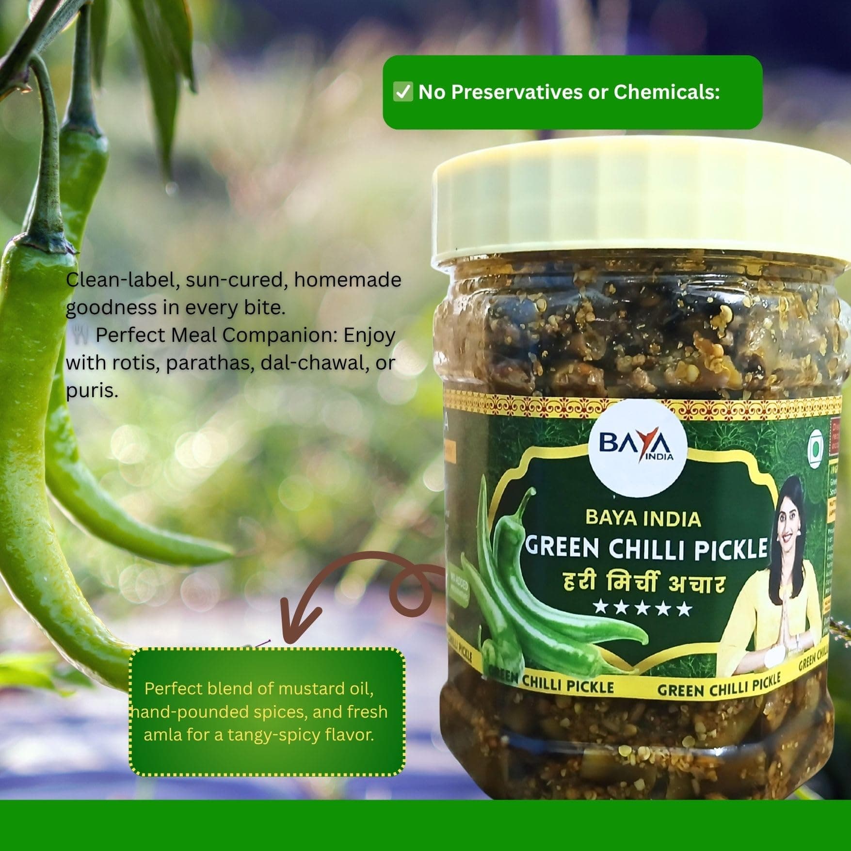 Baya India Homemade Hari Mirchi ka Achar | Green Chilli Pickle | Teekha mast | Spicy & Tangy | No Chemical & No Preservatives | Sun-Dried | No Vinegar | No Garlic & No Onion | 350g Plastic Jar — image 9