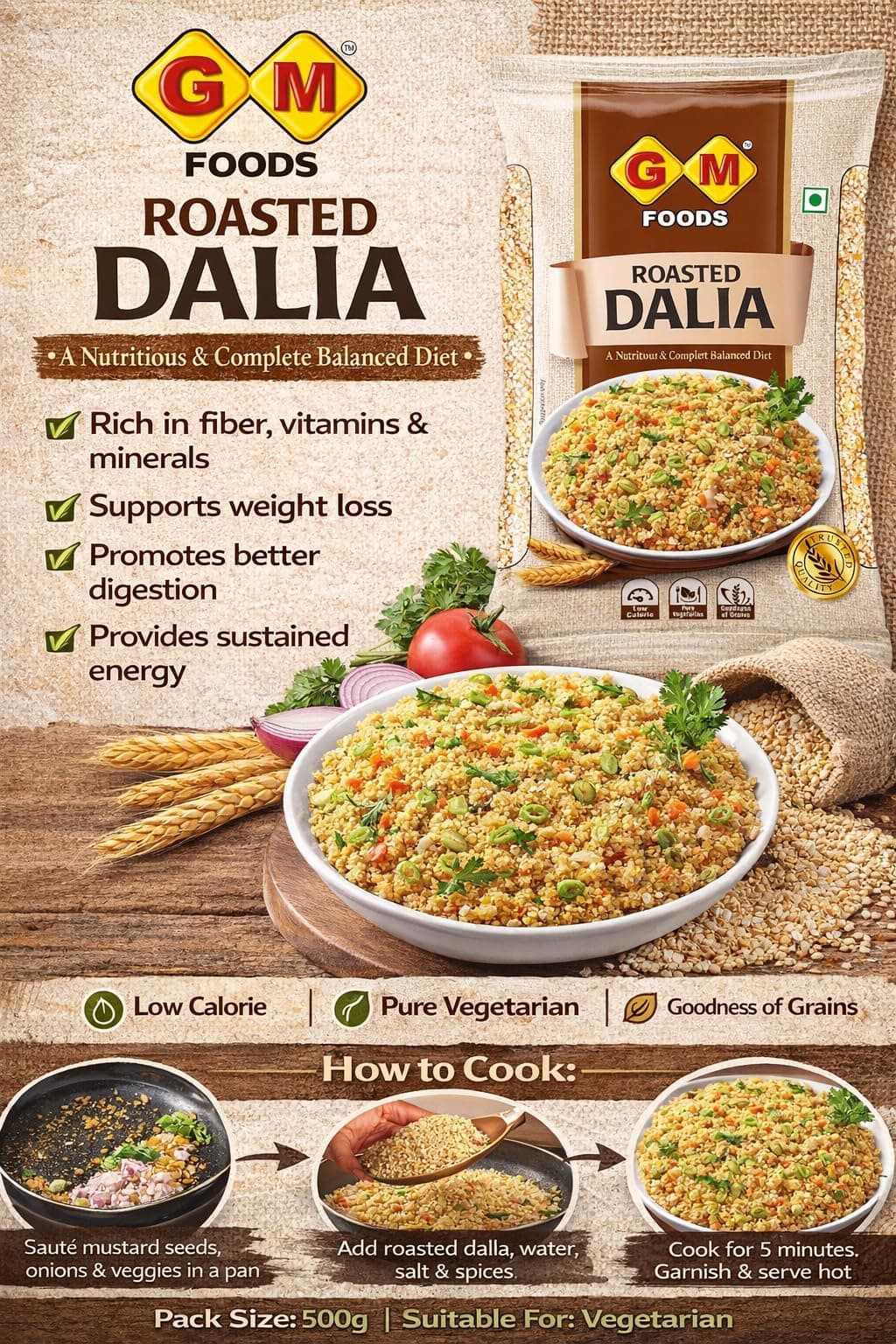GM Foods Roasted Dalia 500 Gram | Daliya/Broken Wheat | Quick & Instant Healthy Meal for Breakfast | High in Fiber, Protein & Essential Nutrients | Easy to Cook | No Added Colours & Preservatives — image 3