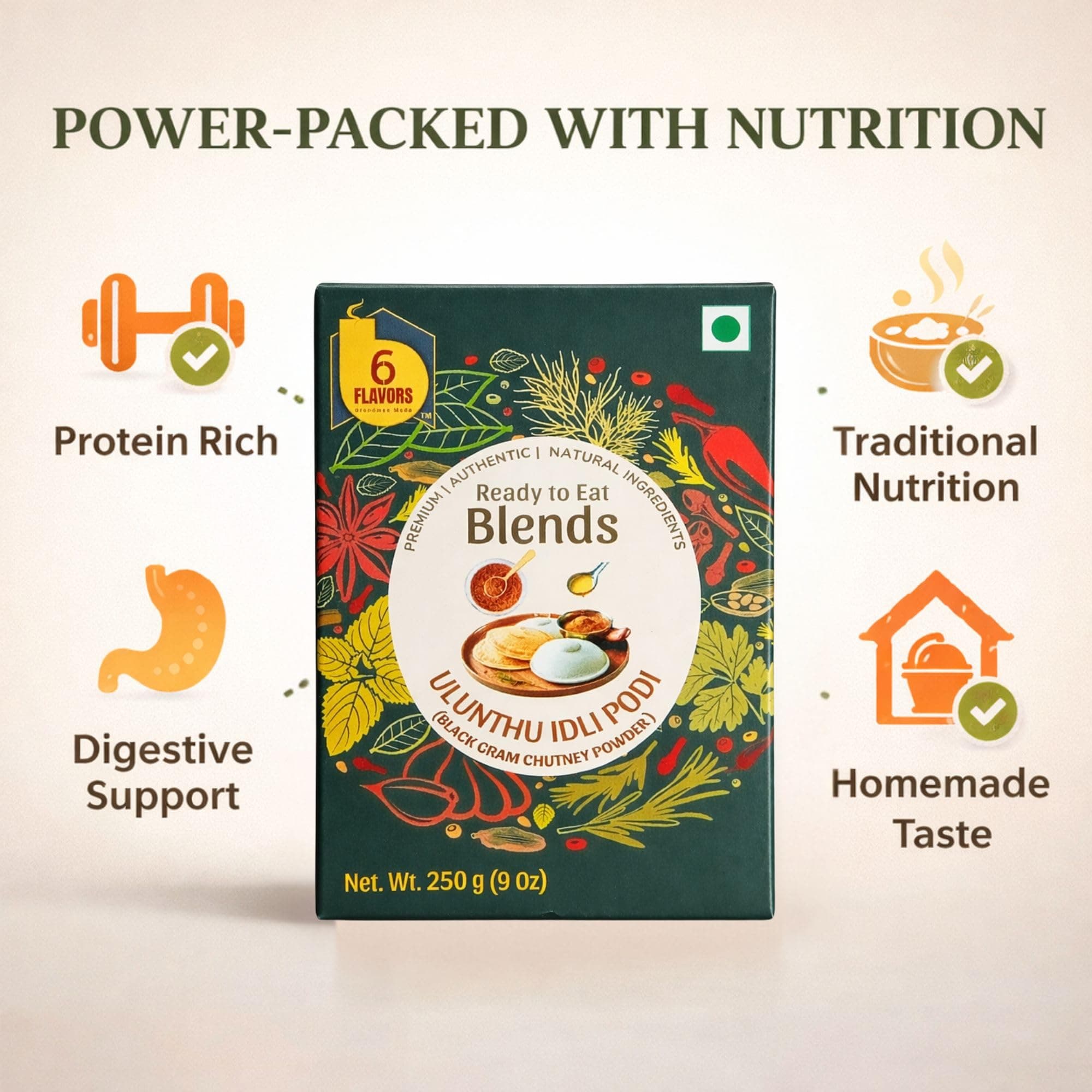 6Flavors Ullundhu Podi Powder 250g | Black Gram Podi Powder | South Indian Chutney Powder for Idli, Dosa & Rice | Protein Rich Traditional Podi Masala | No Onion No Garlic No Preservatives — image 5