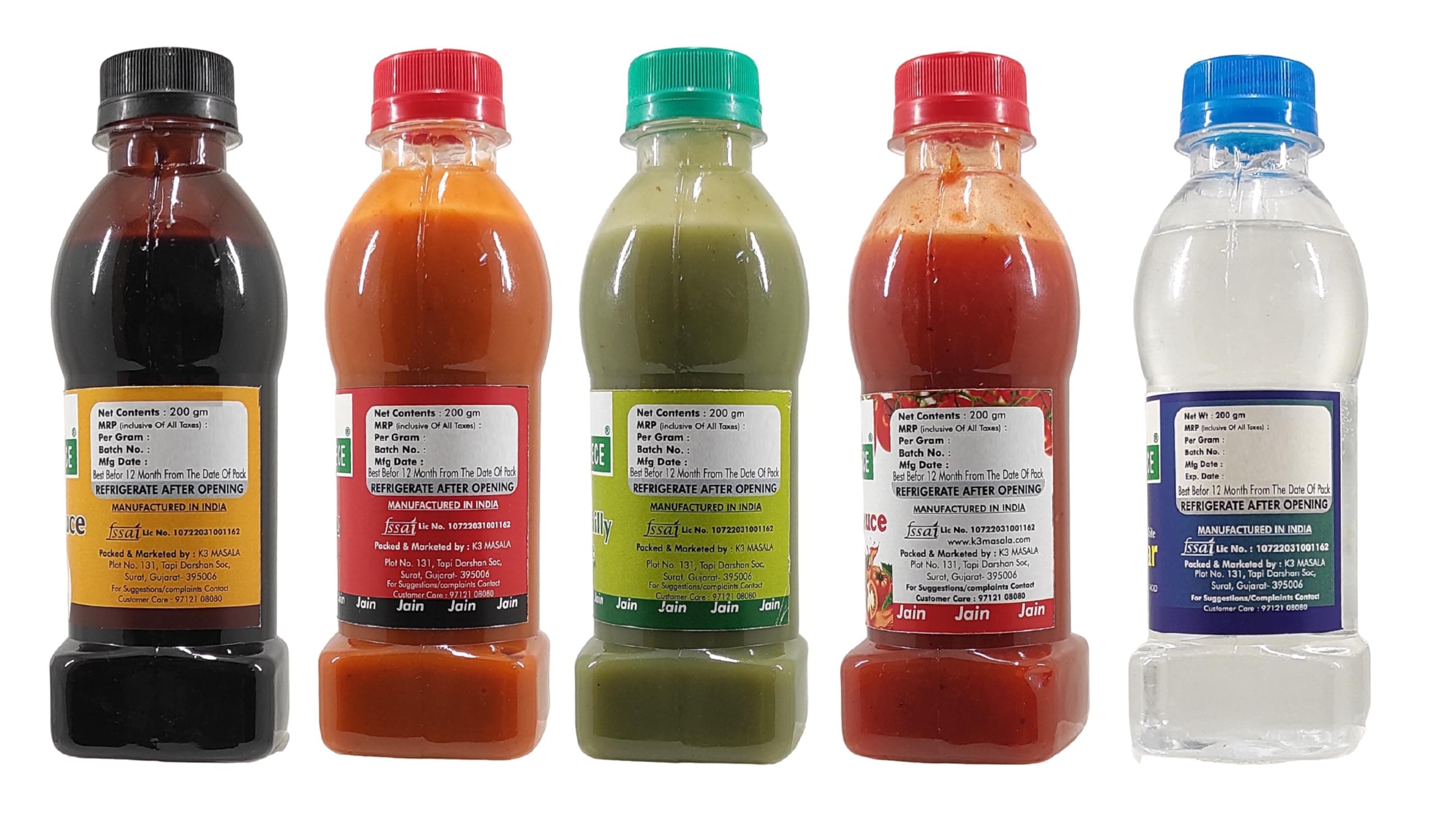 Green Piece Jain Sauce Combo of Soya,Tomato,Green Chilli,Red Chilli and Vinegar (Pack of 5) Sauce (1000 ml) — image 3