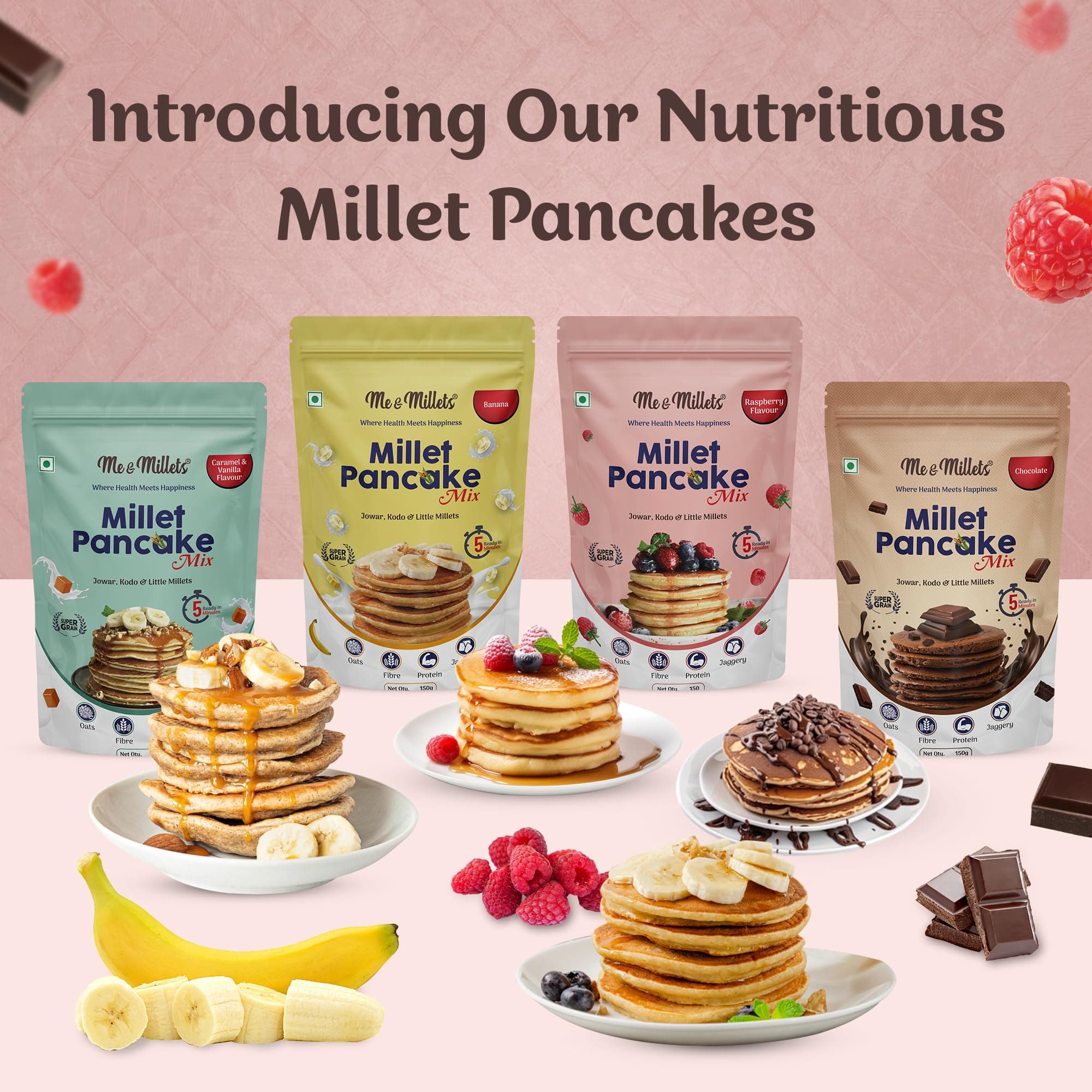 ME & MILLETS Chocolate and Banana Millet Pancake Mix (150g X 2) Sweetness Of Jaggery, No Maida, No Wheat, No Preservatives, Vegetarian, Eggless, Healthy Breakfast for Family (Jain Friendly) — image 4