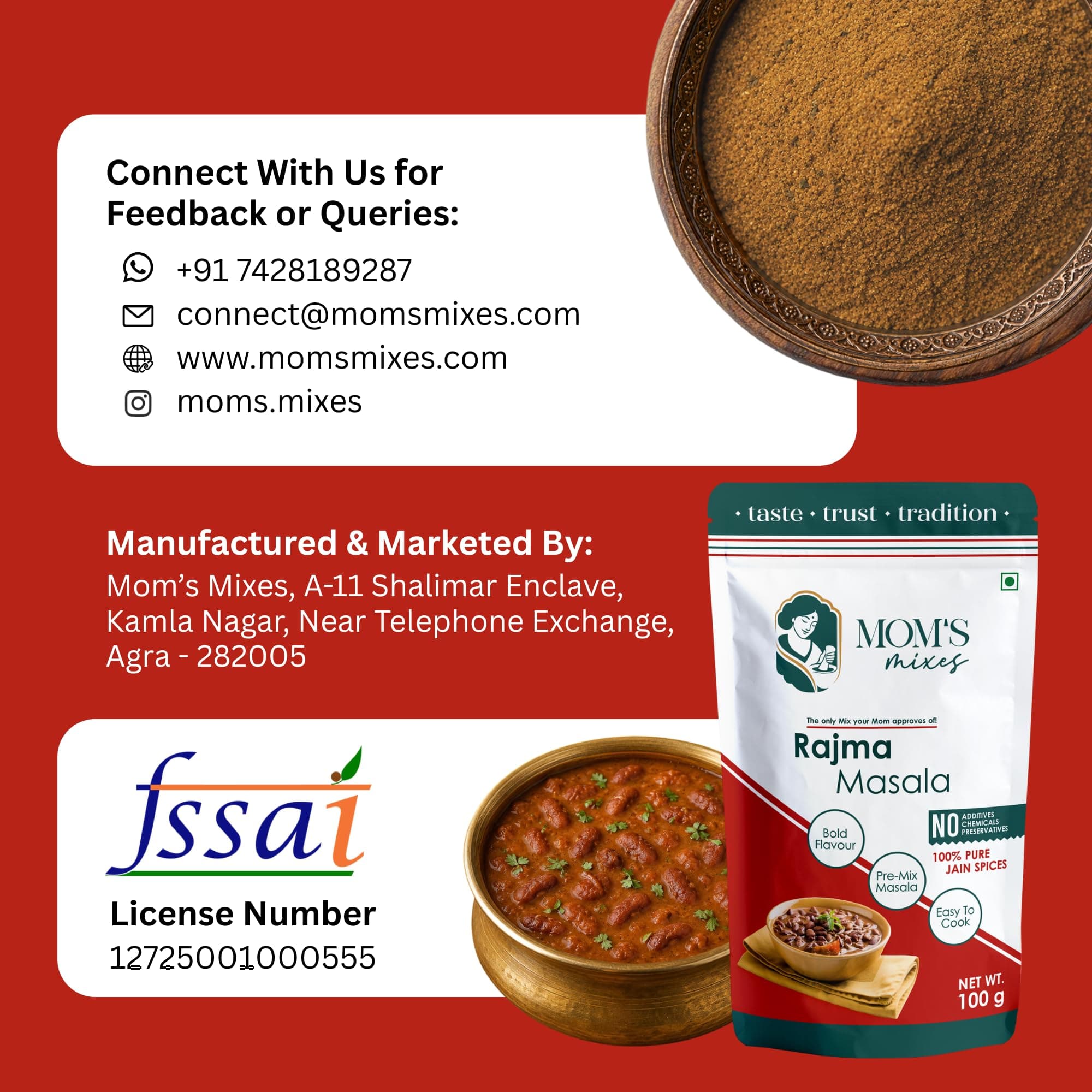 Mom’s Mixes Rajma Masala (Rajma Masala Powder) | Pre-Mix Masala | No Onion No Garlic (Jain Friendly) | Authentic North Indian Taste | No Preservatives | 100g — image 11