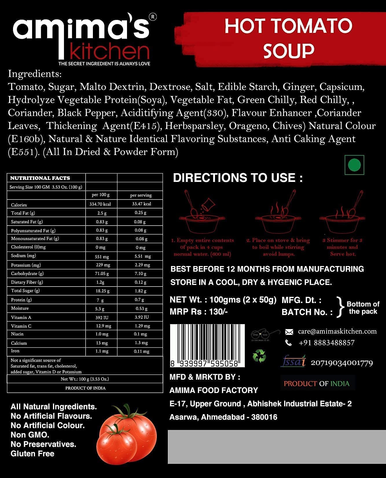 Amima's Kitchen Hot Tomato Jain Soup (No Onion No Garlic) - 100 Grams [Serves 10] | Instant Soup Mix Powder | Ready To Cook | No Artificial Flavour & Colour | Gluten Free | Non GMO | Healthy Soup — image 7