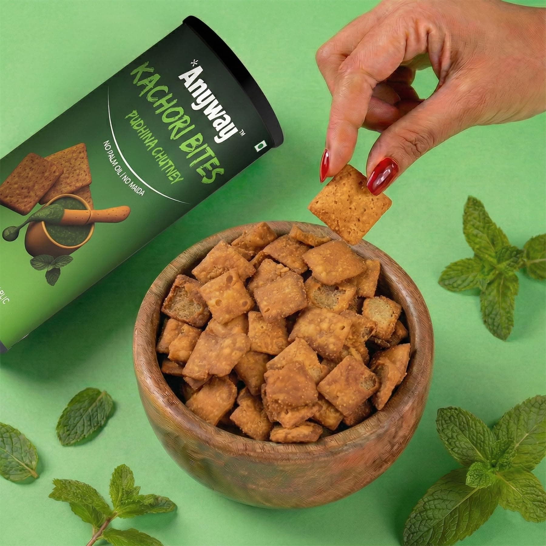 Anyway Kachori Bites pudina & imly Chutney Flavour | No Maida No Palm Oil | Multigrain Snack | Kota's Bold Street Kachori in a Pack | Sweet Tangy Flavour | No Onion No Garlic | Ready to Eat indian snack | (120g - pack of 2, pudina and Imly Chutney combo) — image 6