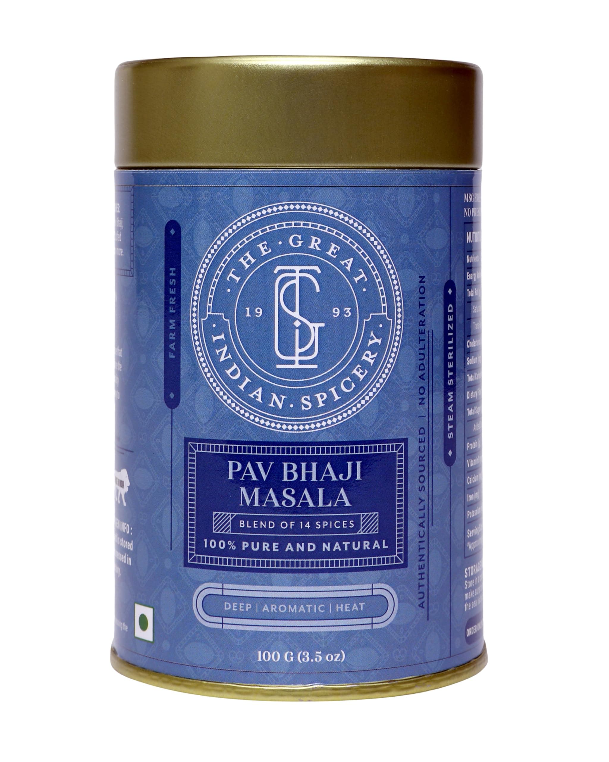 The Great Indian Spicery | Pav Bhaji Masala - 100gm Tin | Steam Sterilisation, Farm Fresh, Authentic Blend of 14 Spices, Non-Adulterated, No Added Color & Preservative | Deep & Aromatic Home Cooking