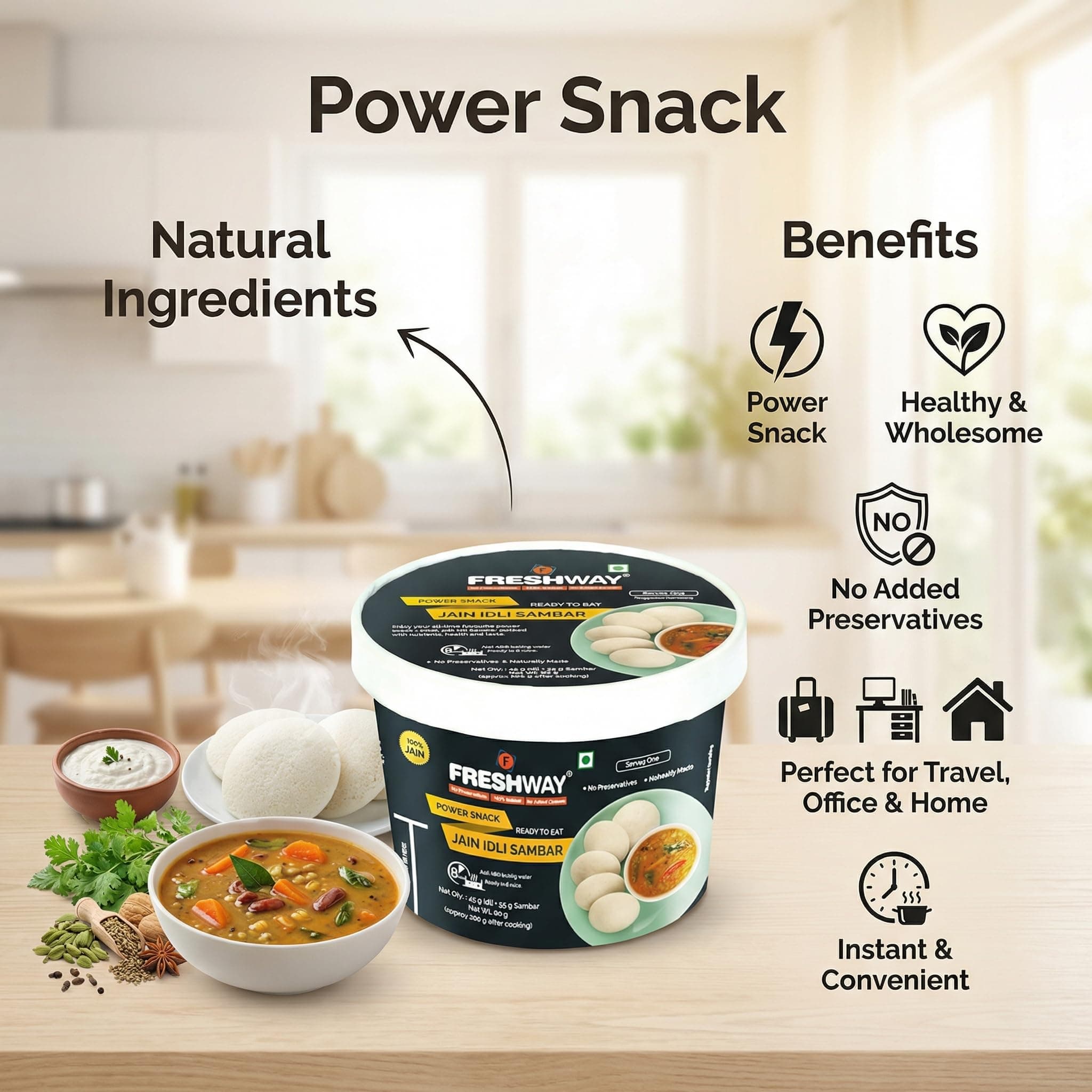 Freshway Ready-to-Eat Jain Idli Sambar Pack of 6 | Nutritious & Convenient Power Snack | 100% Jain Recipe | No Preservatives | Healthy Instant South Indian Meal — image 6