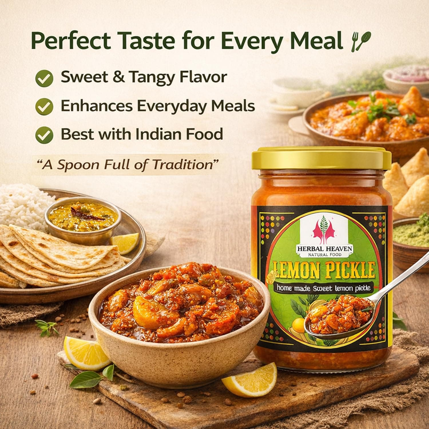Herbal Heaven NATURAL FOOD Homemade Lemon Pickle 100gm | Sweet & Sour Nimbu Ka Achaar | Authentic Lime Pickle with No Onion No Garlic | Natural Ingredients with No Artificial Preservative — image 5