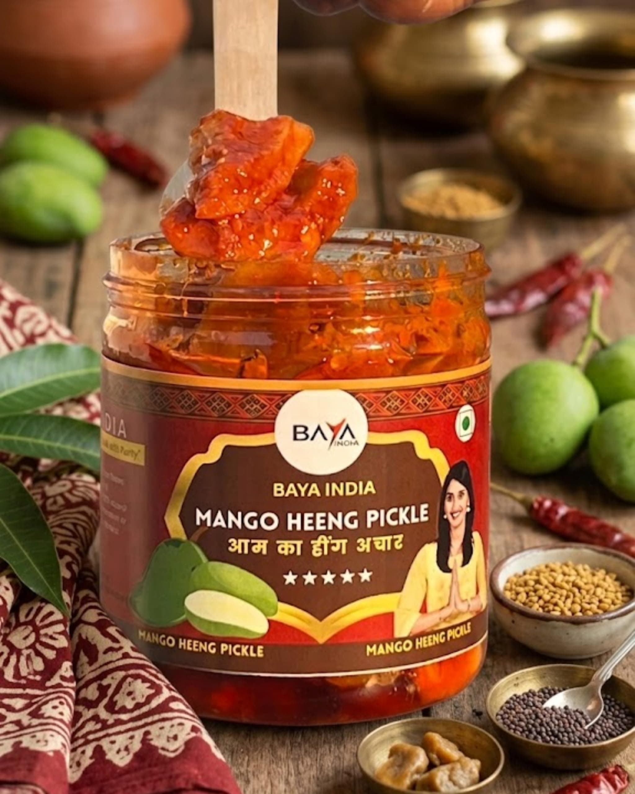 Baya India Hing Mango Pickle | Aam ka Hing Achar in Mustard Oil | Spicy & Tangy Homemade Style Pickle with Red Chilli & Salt | Traditional Indian Achar | No Preservatives | No Garlic No Onion (350g) — image 3