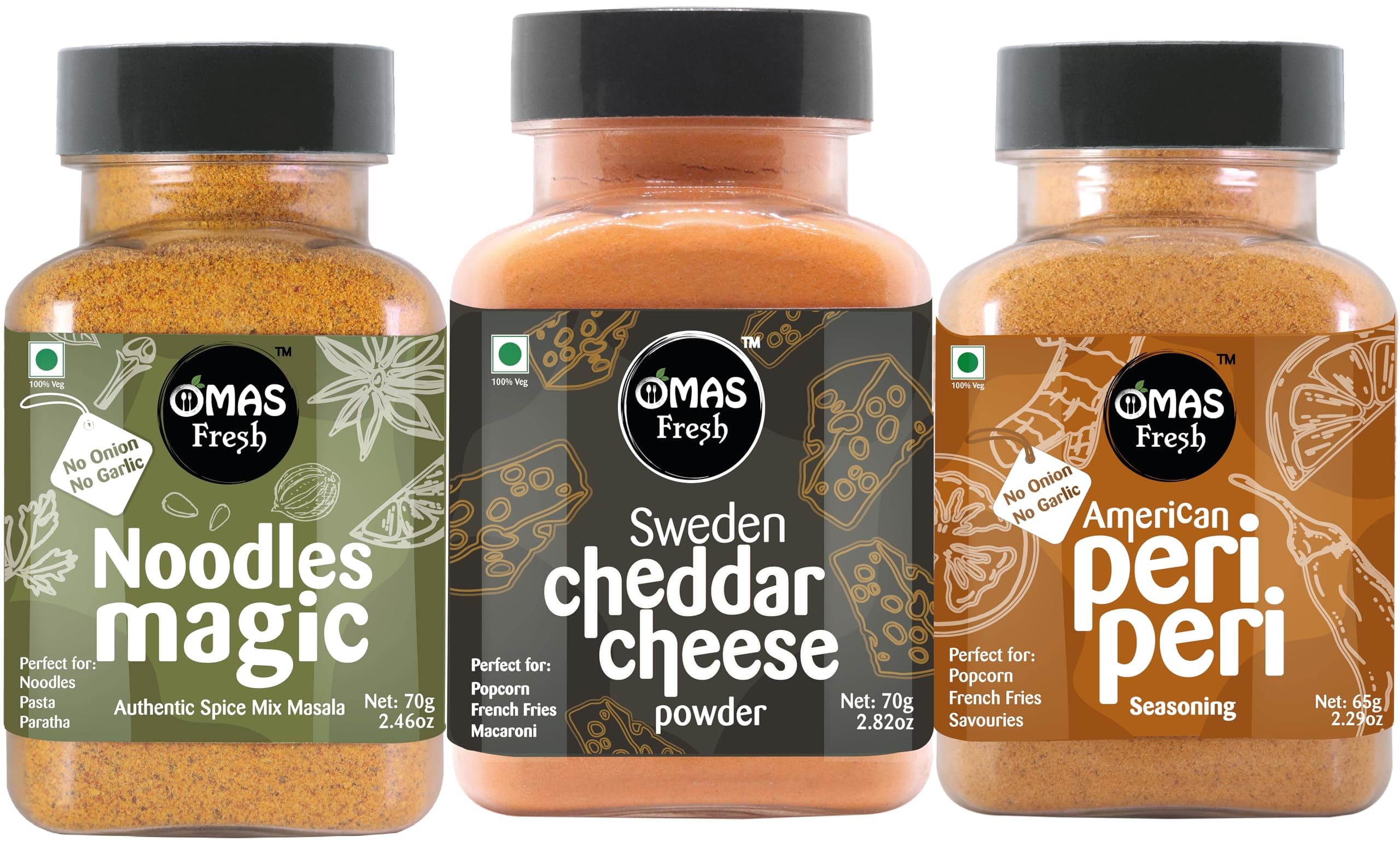 Omas Fresh Jain Combo | Cheddar Cheese Powder 70g, Noodles Magic Masala 70g, No Onion No Garlic Jain Peri Peri 65g Specially for Pizza, Pasta, Noodles, Popcorn — image 2