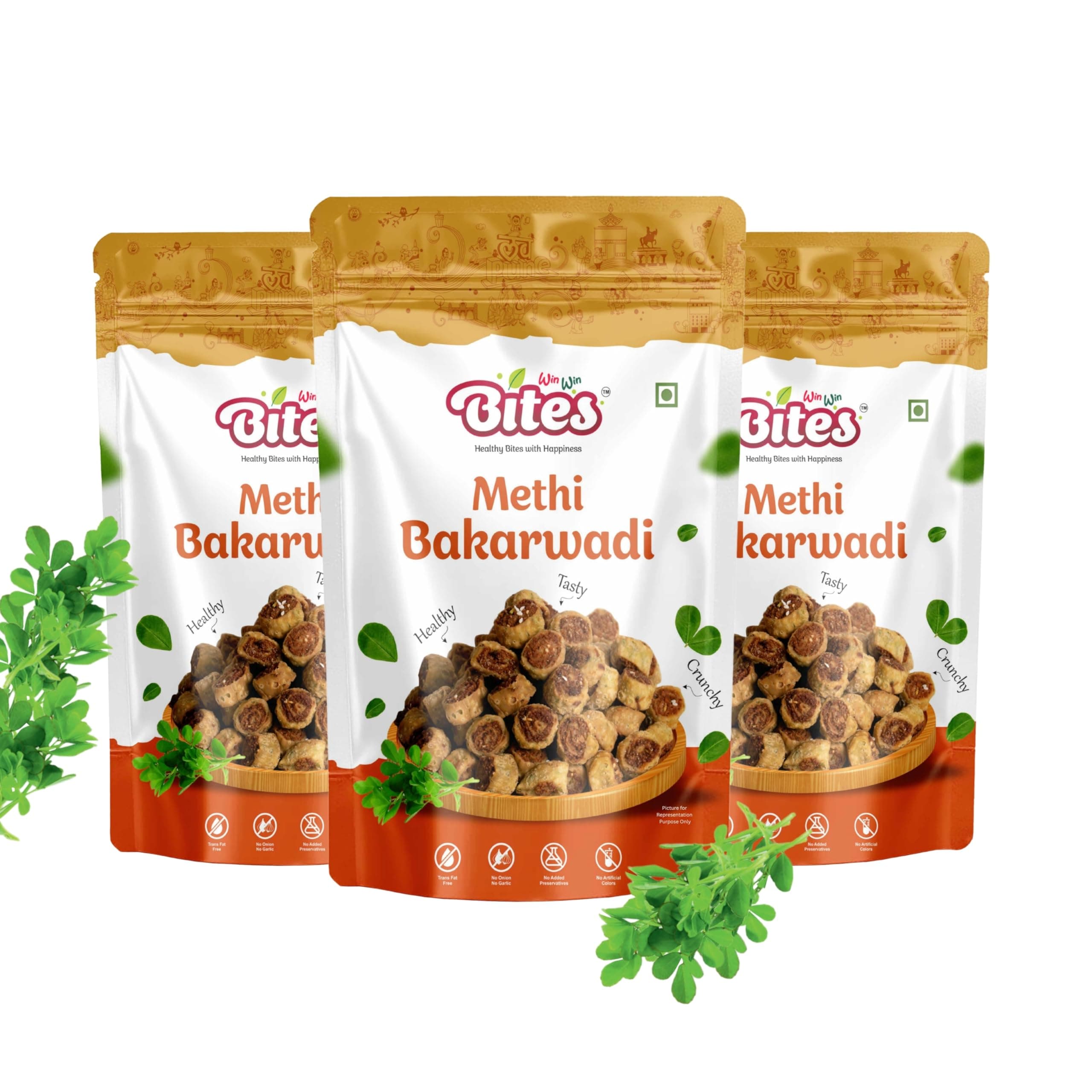 Win Win Bites Healthy Bites with Happiness Methi Bhakarwadi | Traditional Indian Snack | Crunchy & Spicy | Authentic Taste | No Onion No Garlic | 480 gm (3 x 160g Pack) — image 2