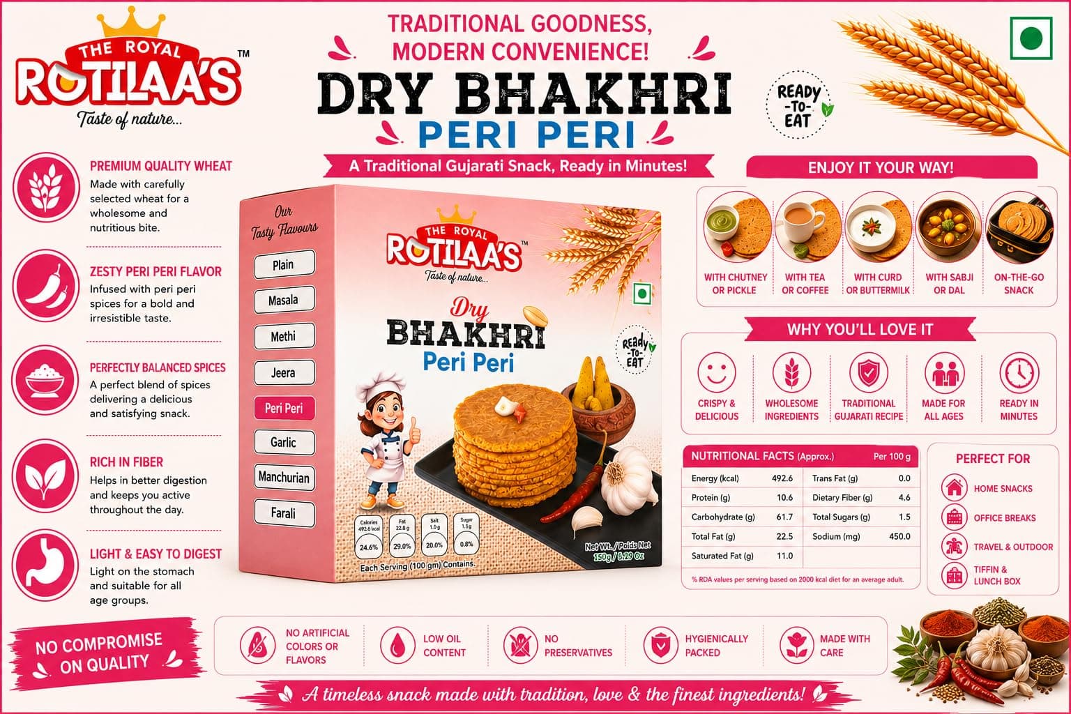 THE ROYAL ROTILAA'S Peri Peri Bhakhri 150g (Pack of 2) | Ready-to-Eat Gujarati Tea-Time Snack | No Maida | No Artificial Colours | Vacuum Packed Healthy Crispy Bhakhri for Adults & Kids — image 5