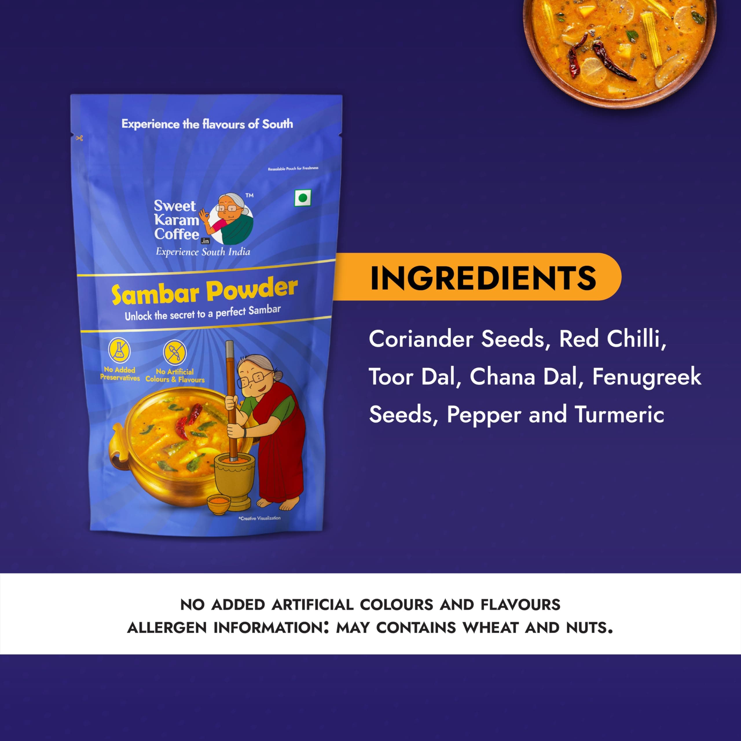 Sweet Karam Coffee Sambar Powder (Podi) – 180 grams | No Onion or Garlic | Authentic Homemade South Indian Masala | 100% Natural & Organic Ingredients | Aromatic, Healthy & Flavorful Spice Blend — image 5