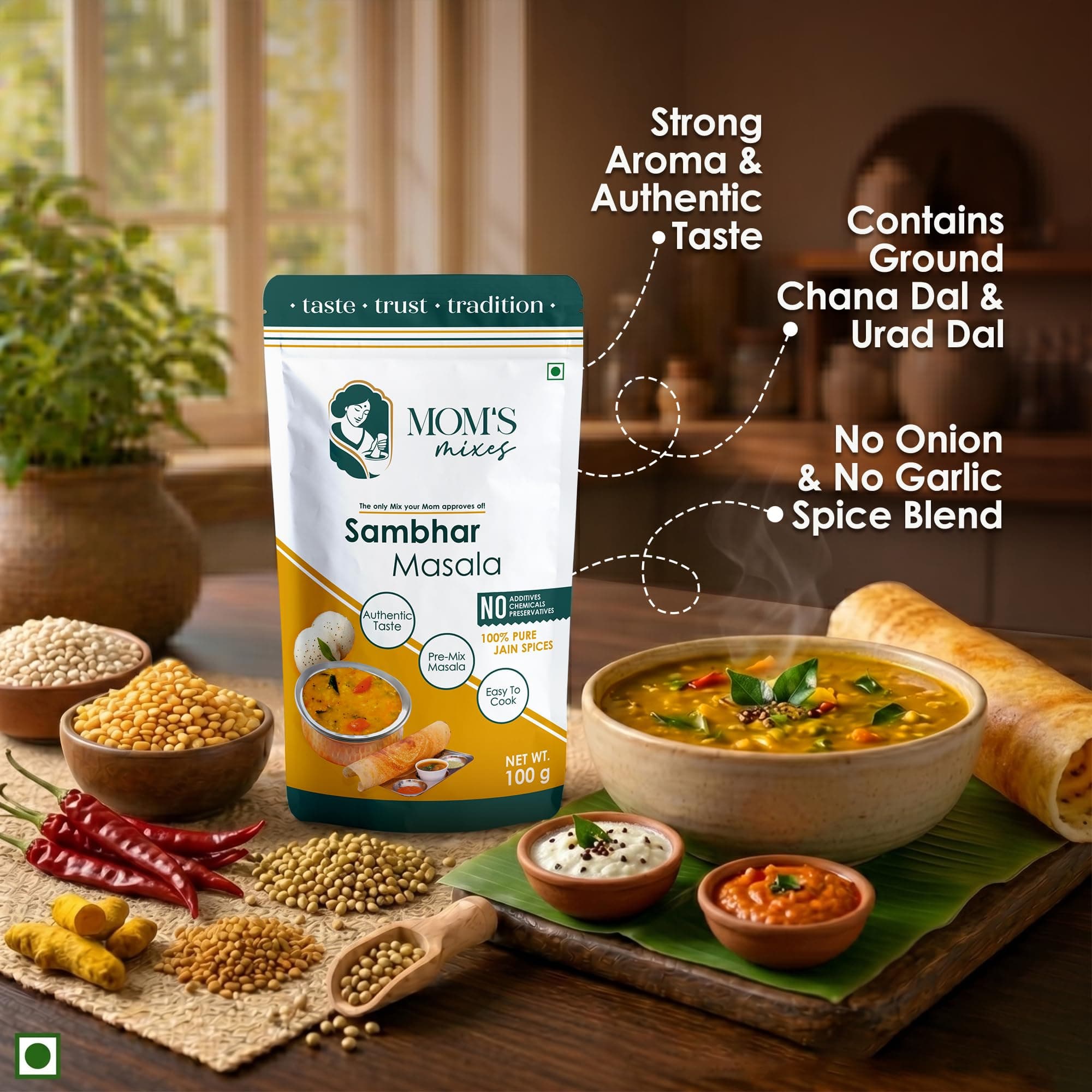Mom’s Mixes Sambhar Masala (Sambhar Powder) | Pre-Mix Masala | No Onion No Garlic (Jain Friendly) | Authentic South Indian Taste | No Preservatives | 200g — image 4
