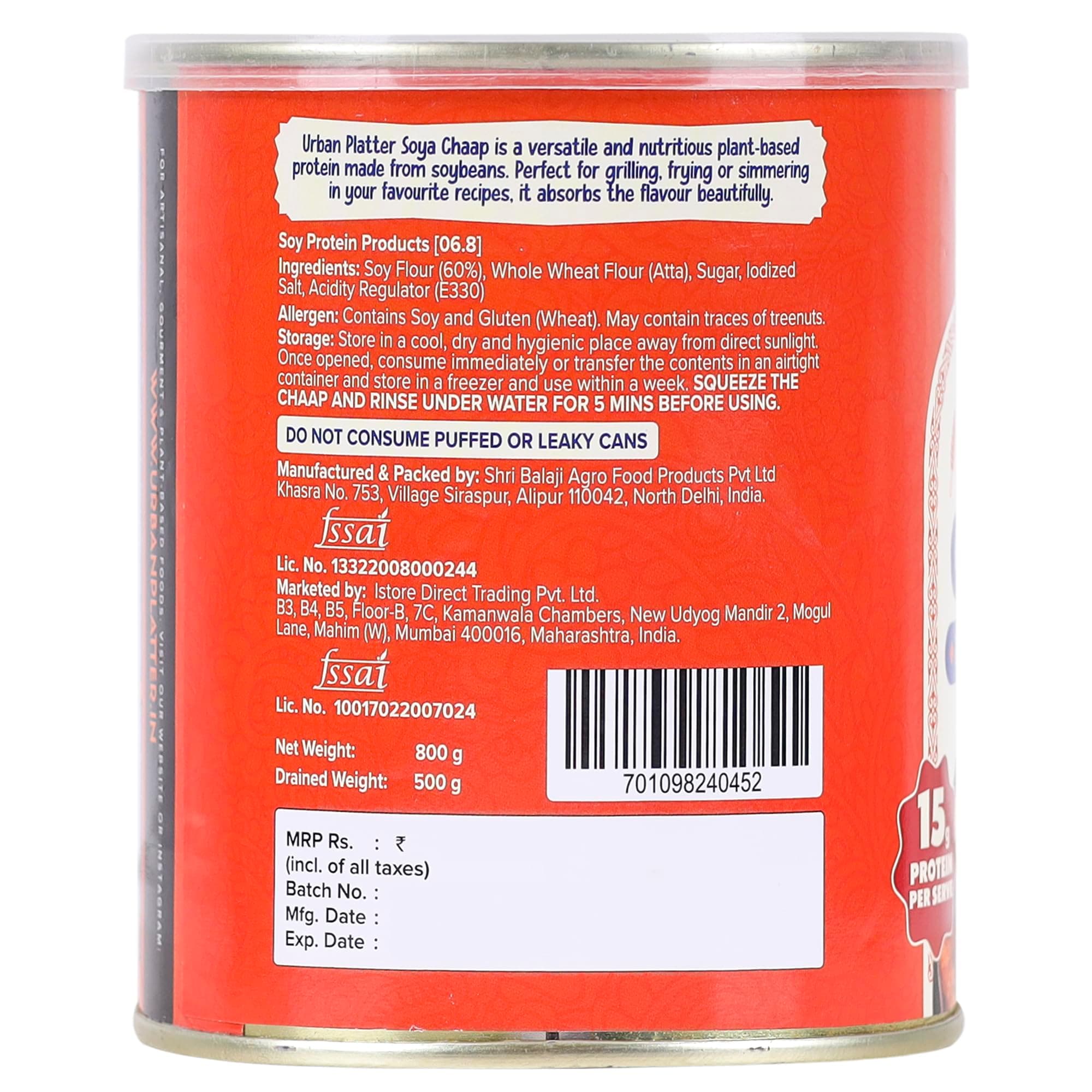 Urban Platter Soya Chaap in Brine, 800g (Canned | Chunks on Stick | Drained Weight - 500g, Rich in Plant Protein| Soy Chap) — image 3