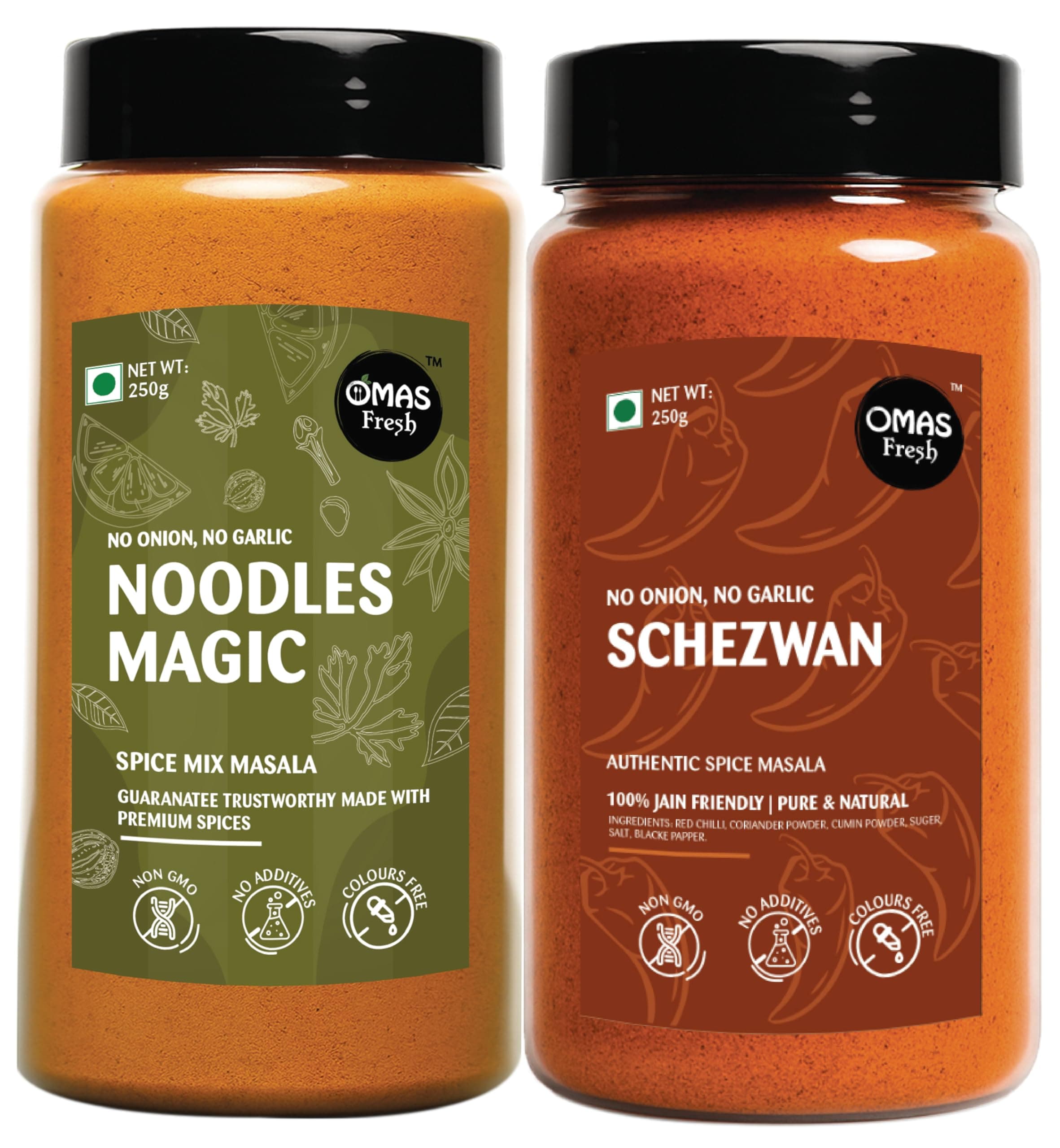 Omas Fresh No Onion No Garlic Noodles Magic Masala & Schezwan Seasoning | 250g × 2 Combo Pack | Spicy Flavour Duo for Noodles, Pasta & Everyday Cooking — image 2