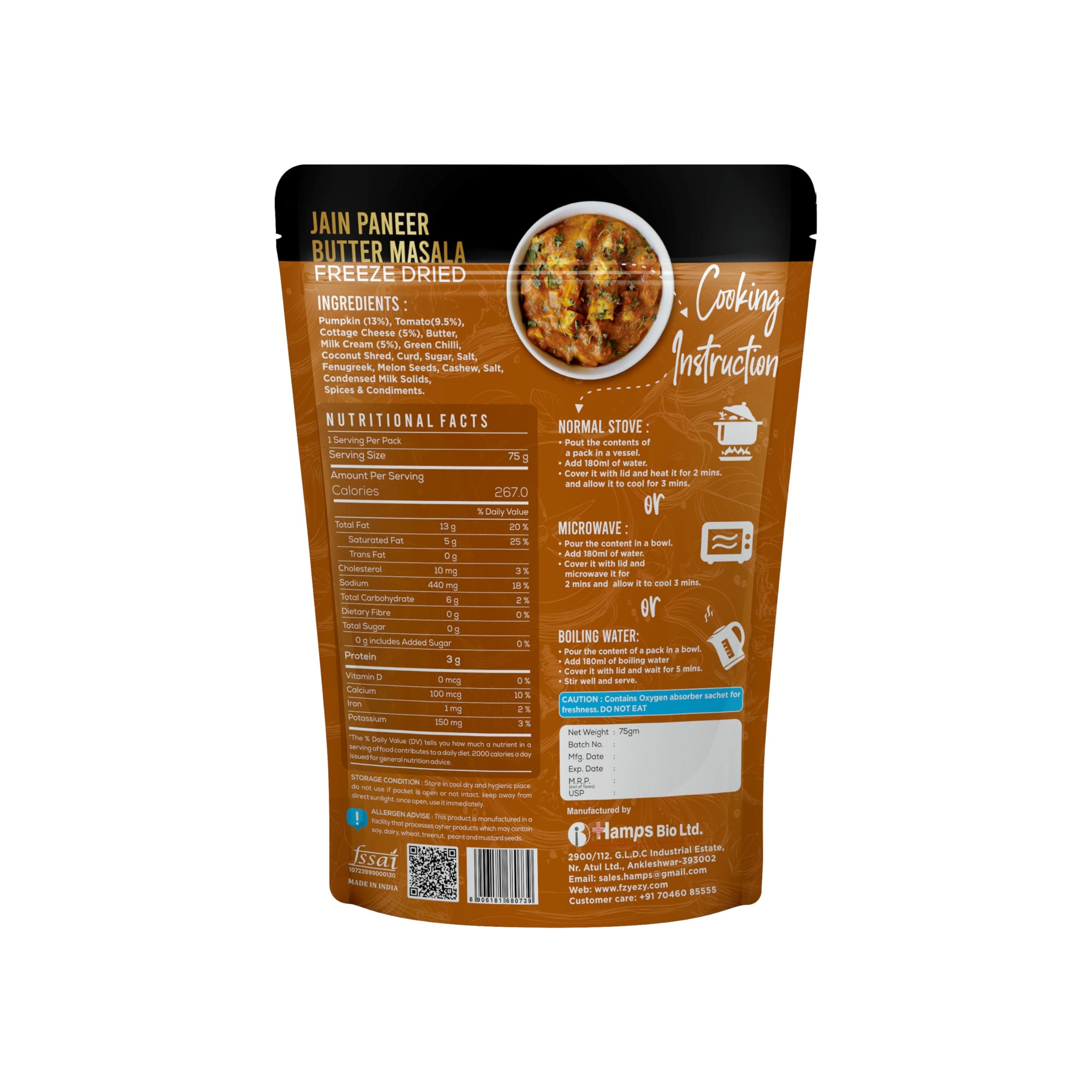 FzyEzy Freeze-Dried Jain Paneer Butter Masala – 75g | Instant Jain Indian Cuisine | Authentic No Onion, No Garlic Paneer Butter Masala Gravy | Jain Vegetarian Gourmet Delight | Ready-to-Eat | Gluten-Free | Preservative-Free Meal — image 2