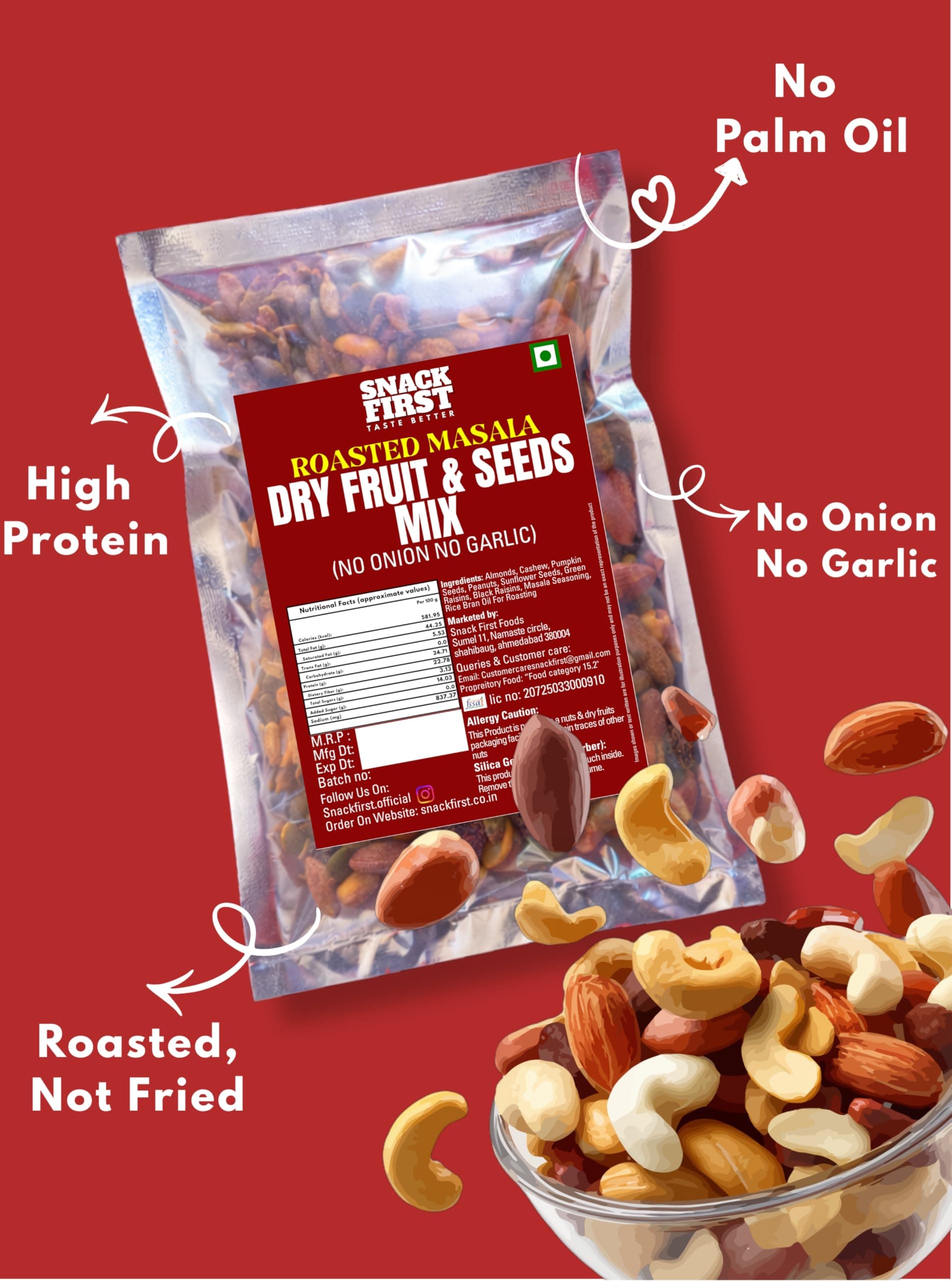 Snack First Roasted Masala Dry Fruit & Seeds Mix | No Onion No Garlic | No Palm Oil | 100G | masala dryfruit mixture | mixed dry Fruit & seeds | Almonds | Black Raisins | Cashewnuts | Pumpkin Seed | Sunflower Seed |Peanuts | Green Raisins | 7 In 1 Super Foods | Vitamin E | High protein | Healthy Snack, Gym Snack | — image 4