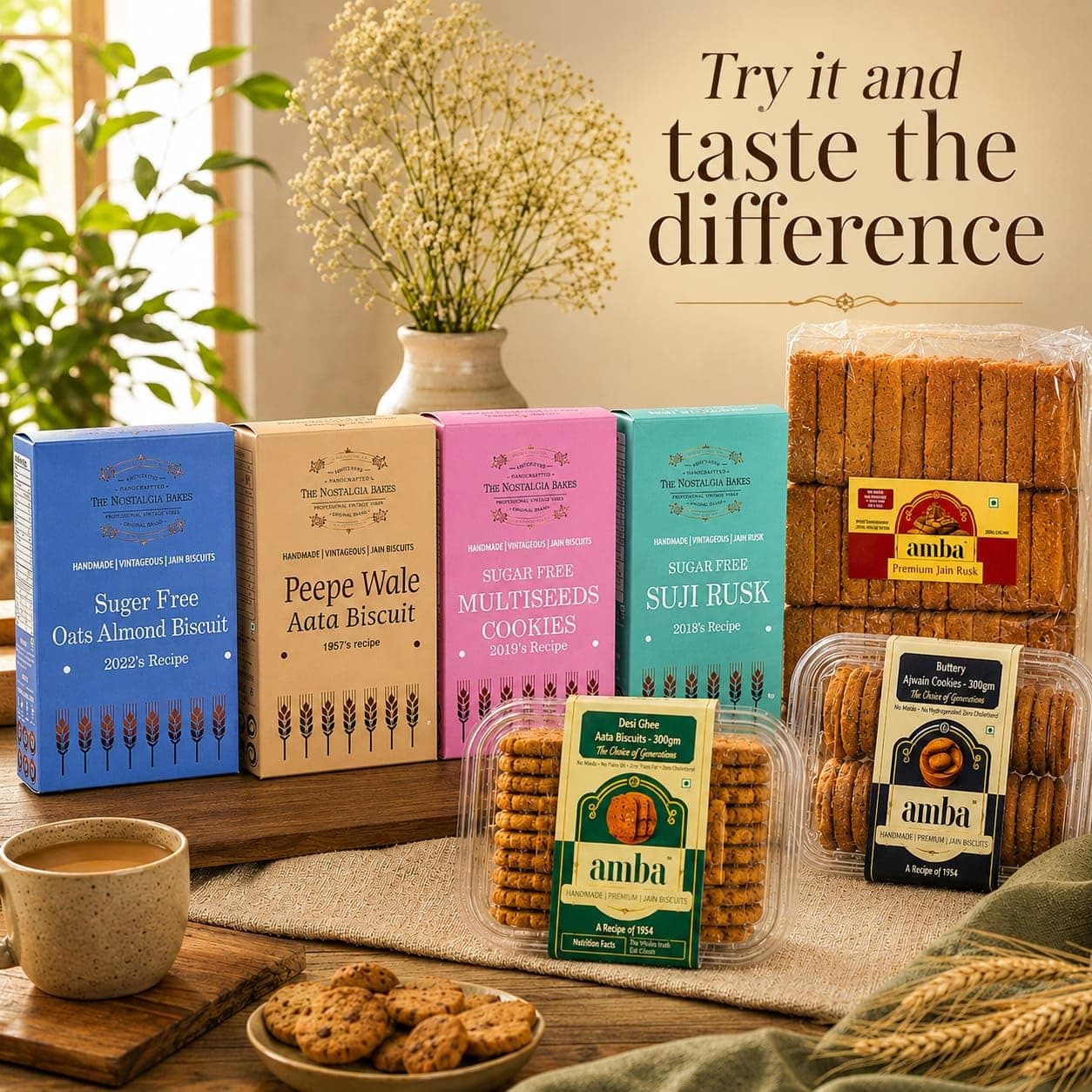 Amba Handmade Jain Biscuit & Sugar Free Suji Rusk Combo Pack | Traditional Desi Ghee Atta Biscuits & Crispy Tea-Time Toast | Premium Nostalgic Bakery Snacks — image 6