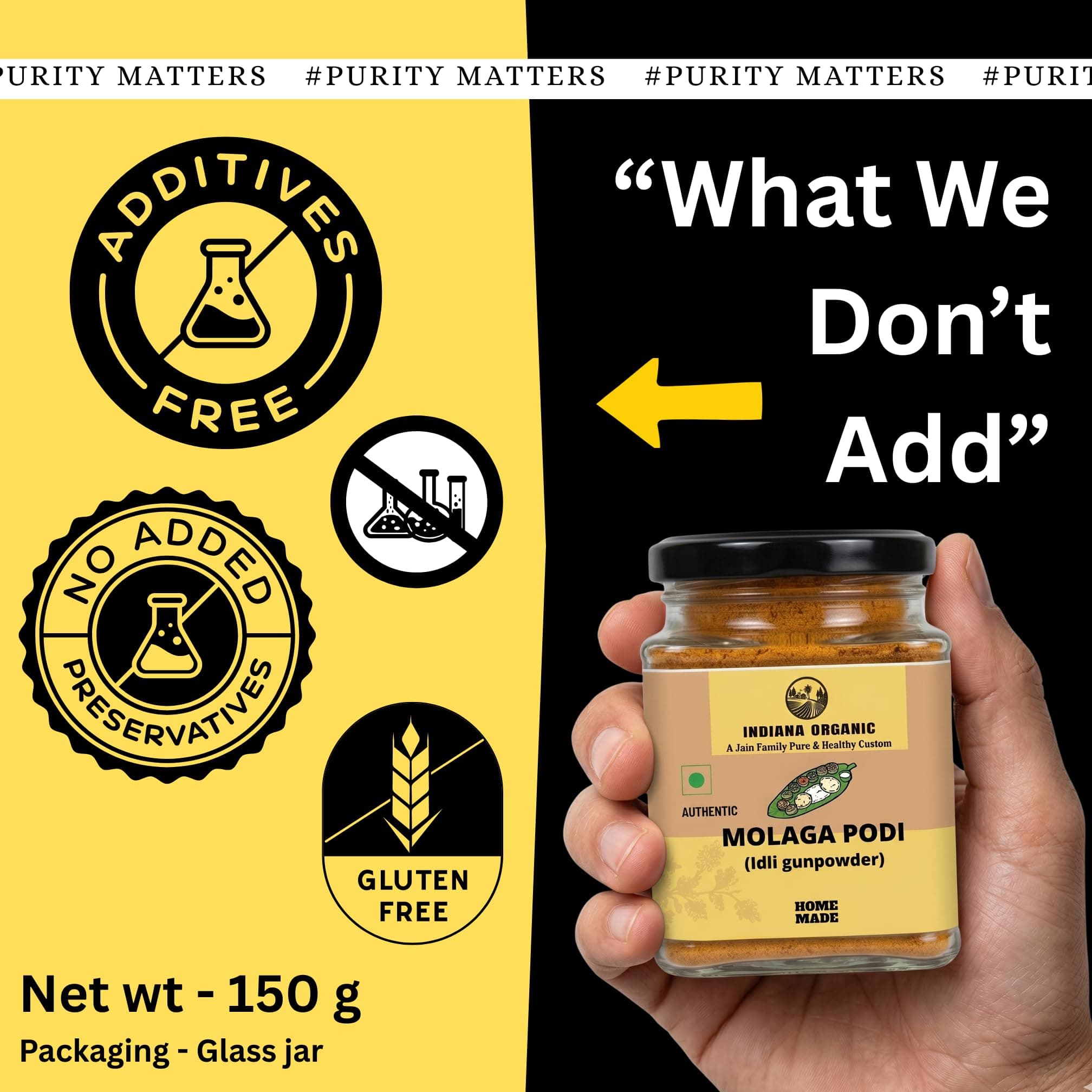 Indiana Organic Molaga Podi 150 g – Authentic Idli Gunpowder | Homemade Chutney Powder | No Onion No Garlic Jain Podi Masala | Organic South Indian Malgapodi for Dosa & Idli — image 6