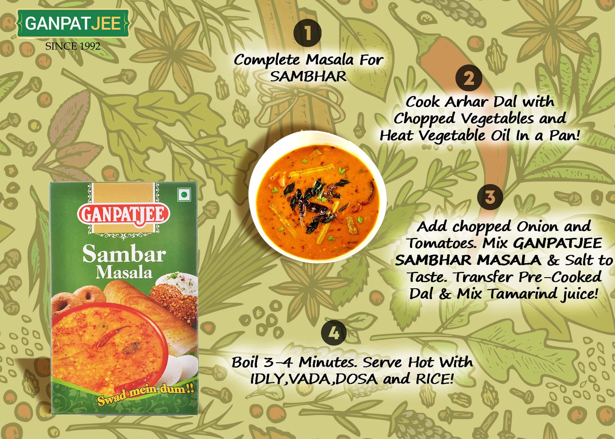 Ganpatjee Sambhar Masala Powder,100G | No Onion & Garlic | Authentic South Indian Taste & Color — image 4