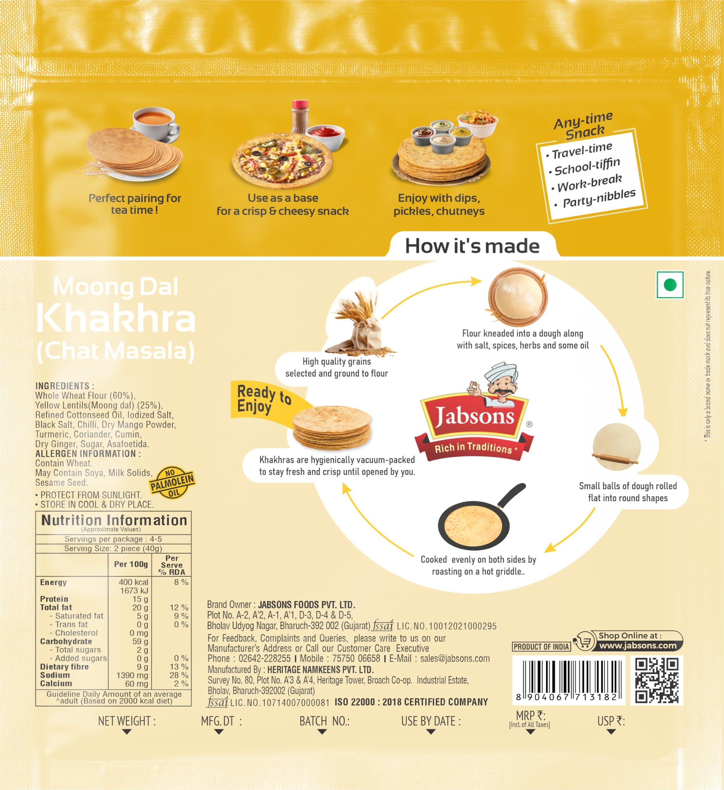Jabsons Moong Dal Chat Masala Roasted Khakhra - 180gm | High-Protein & Fiber Rich Healthy Snack | Guilt Free Snacking | No Palm Oil | Ready to eat Snack — image 2