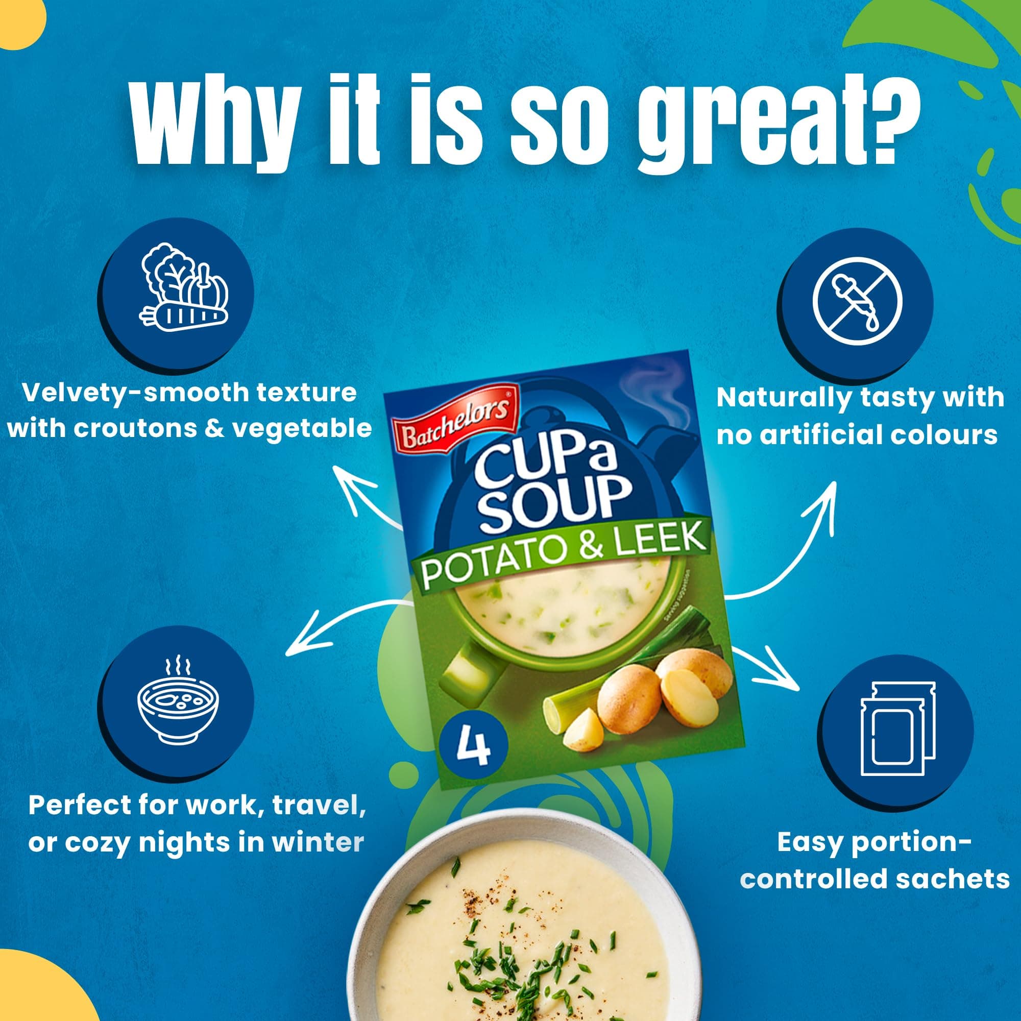 Batchelors Cup A Soup Creamy Potato & Leek Instant Soup Sachets, 107g (4 Pack) | Just Add Hot Water | Low Fat Vegetarian Mix | No Artificial Preservatives — image 7
