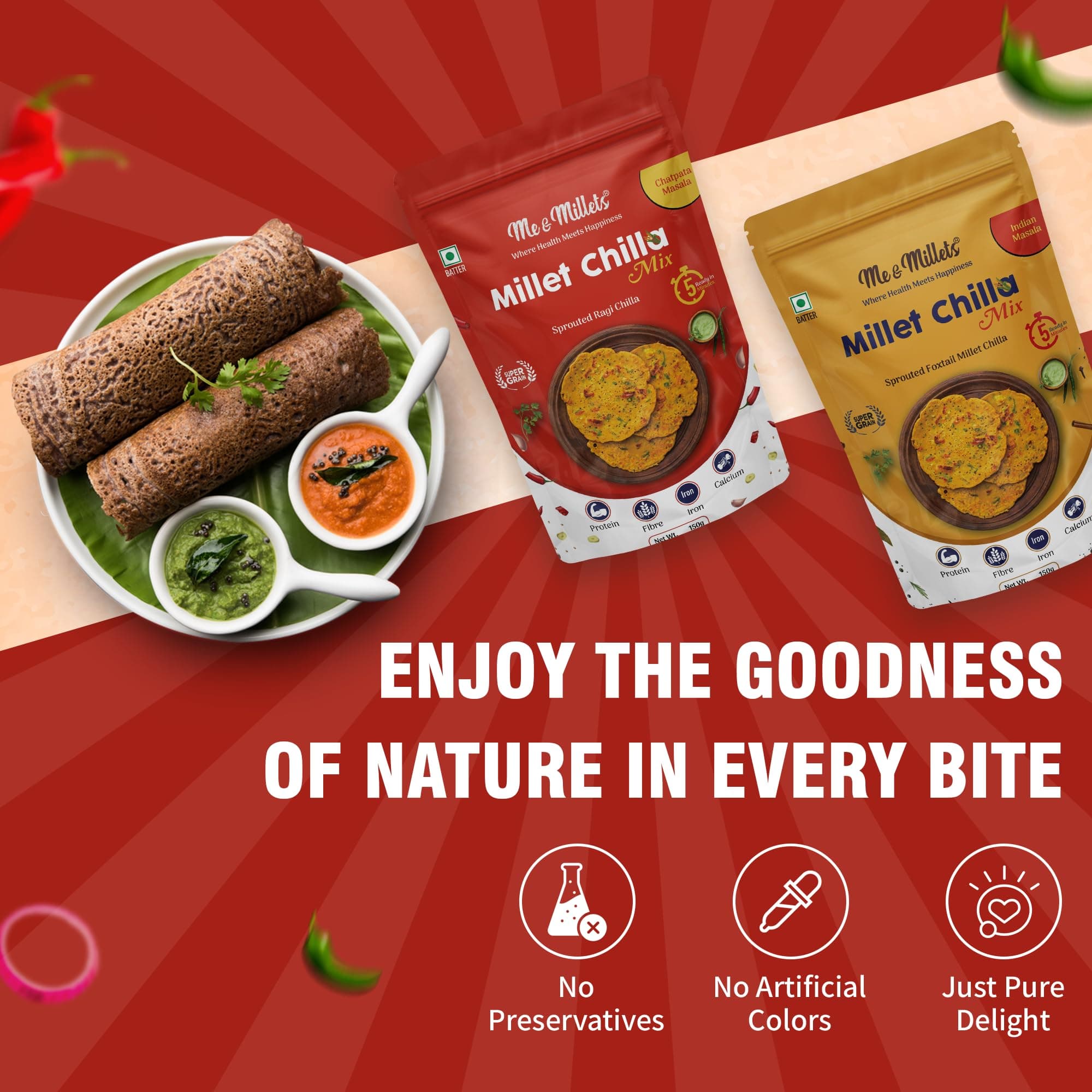 ME & MILLETS Sprouted Ragi Chilla & Foxtail Millet Chilla Mix Combo (150gX2) - Chatpata & Indian Masala, No Preservatives, Natural Healthy Protein & Fiber-Rich Breakfast For Family (Jain Friendly) — image 6